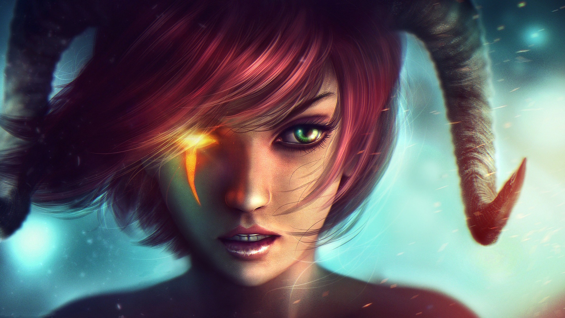 General 2200x1238 digital art fantasy art fantasy girl face green eyes redhead horns women looking at viewer