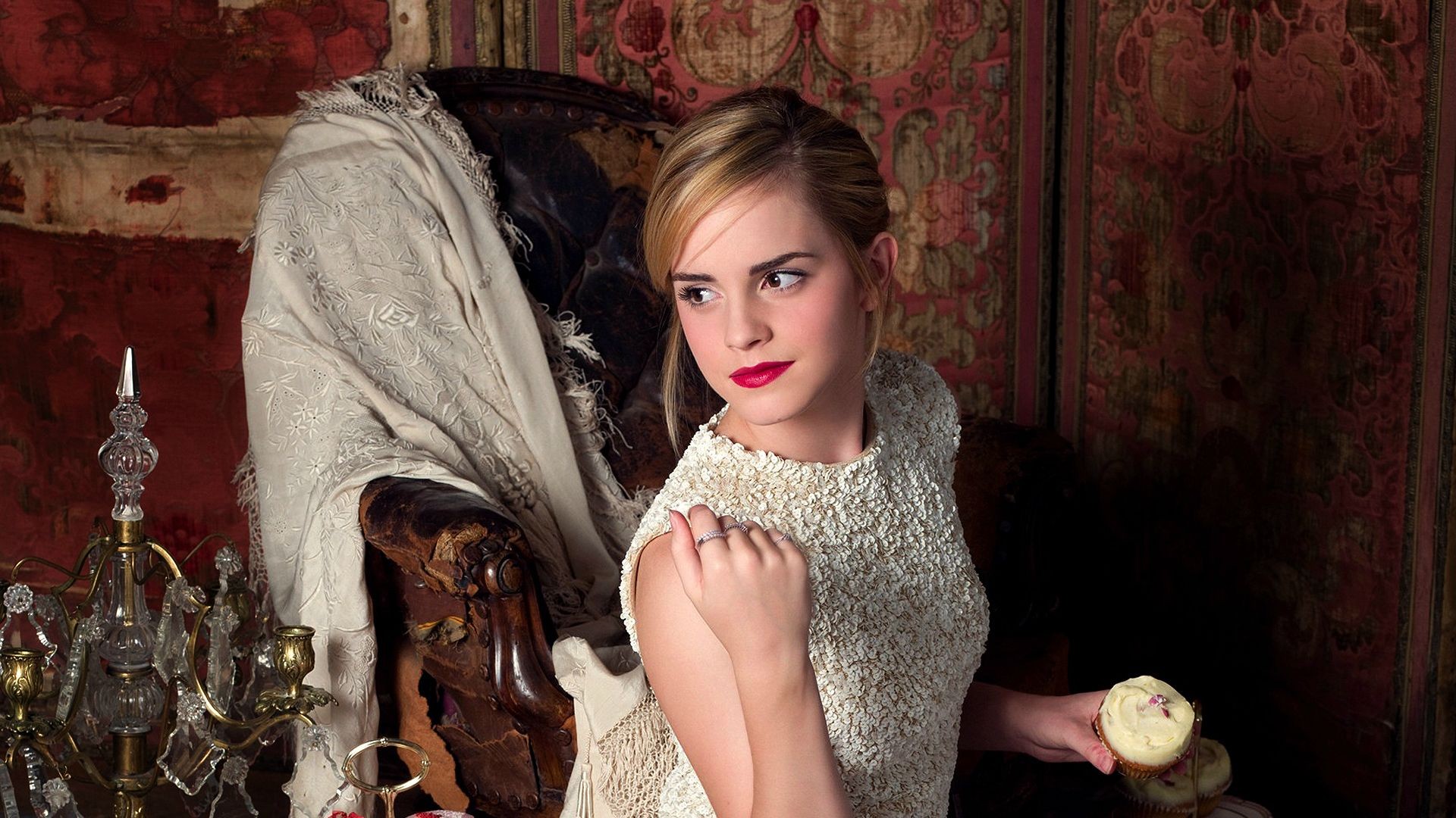 People 1920x1080 actress red lipstick celebrity women Emma Watson looking away makeup women indoors British women