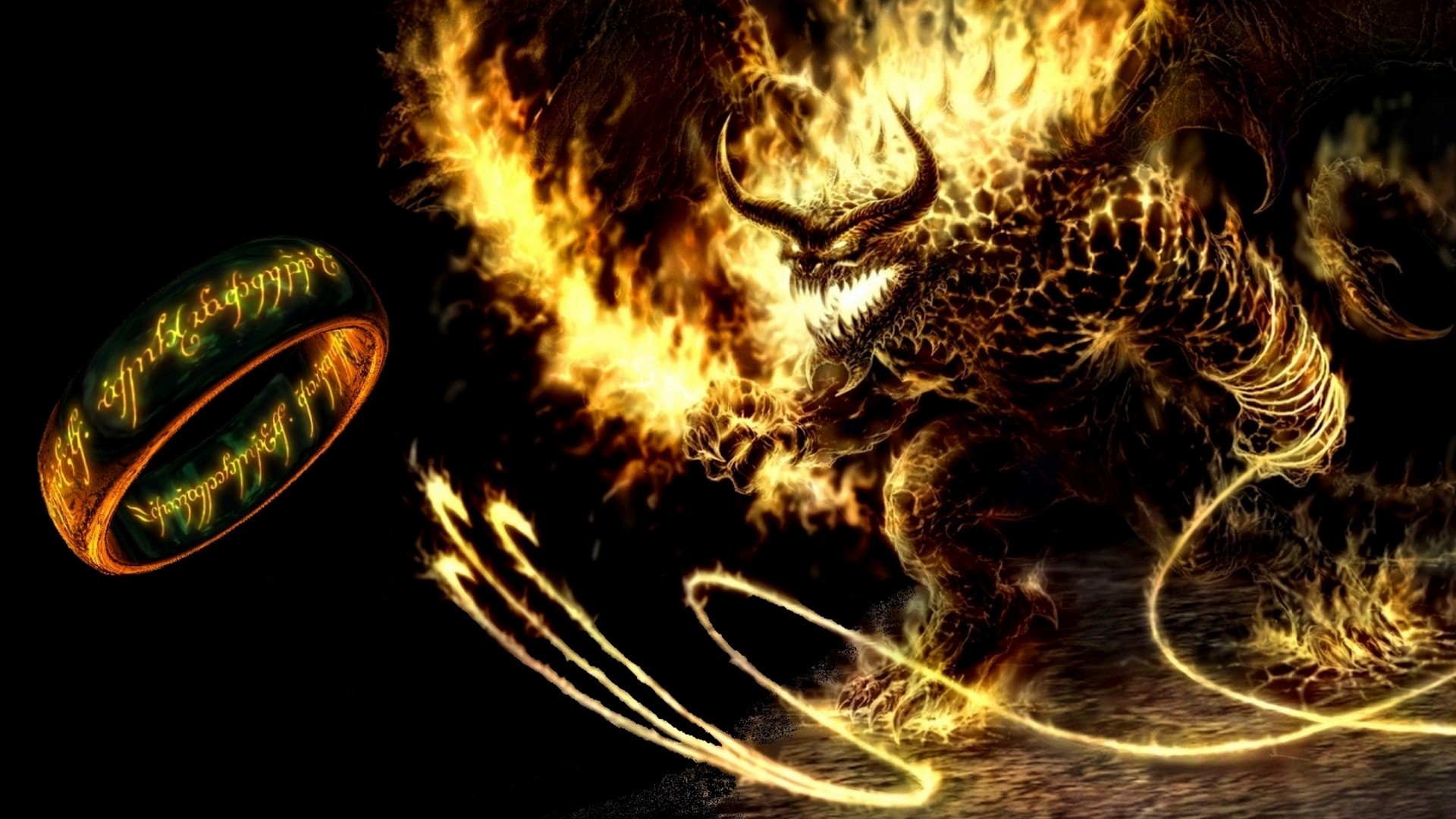 General 1920x1080 The Lord of the Rings Balrog rings Middle-Earth fantasy art black background fire demon creature