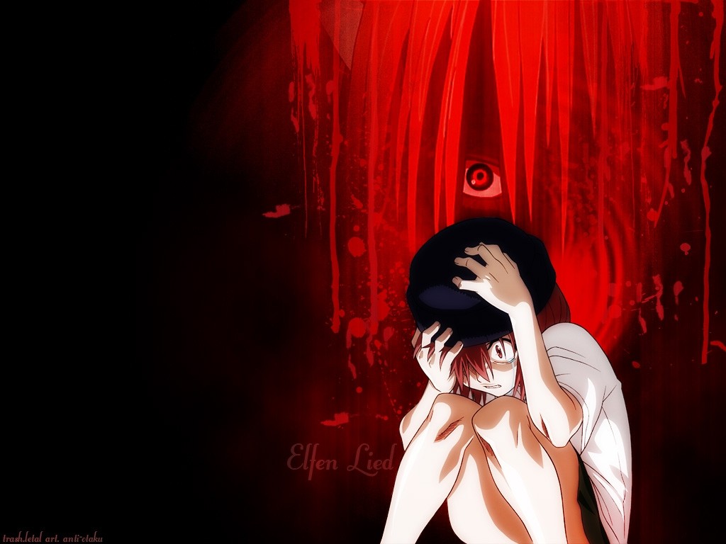 Anime 1024x768 Elfen Lied anime anime girls pink hair red eyes blood Nyu eyes knees together red background