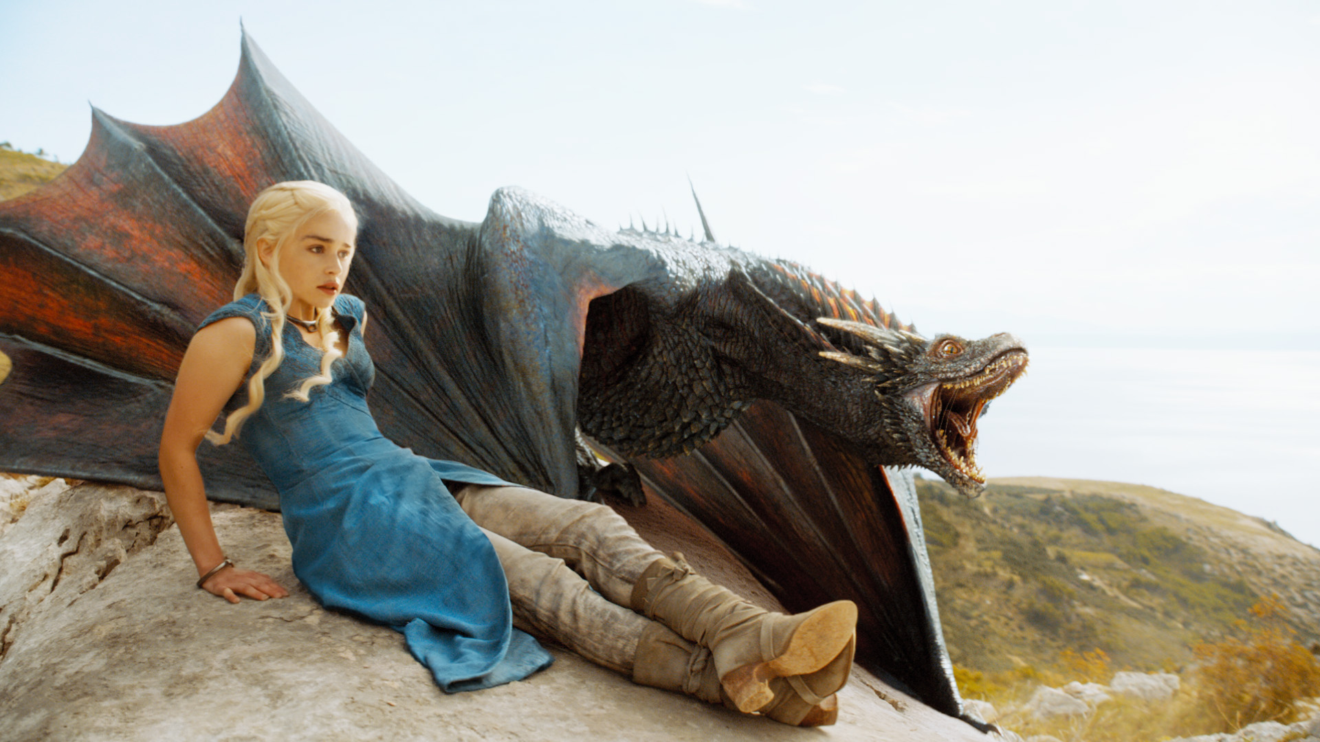General 1920x1080 Game of Thrones Daenerys Targaryen dragon fantasy girl blonde legs crossed women outdoors outdoors TV series creature actress Wyvern