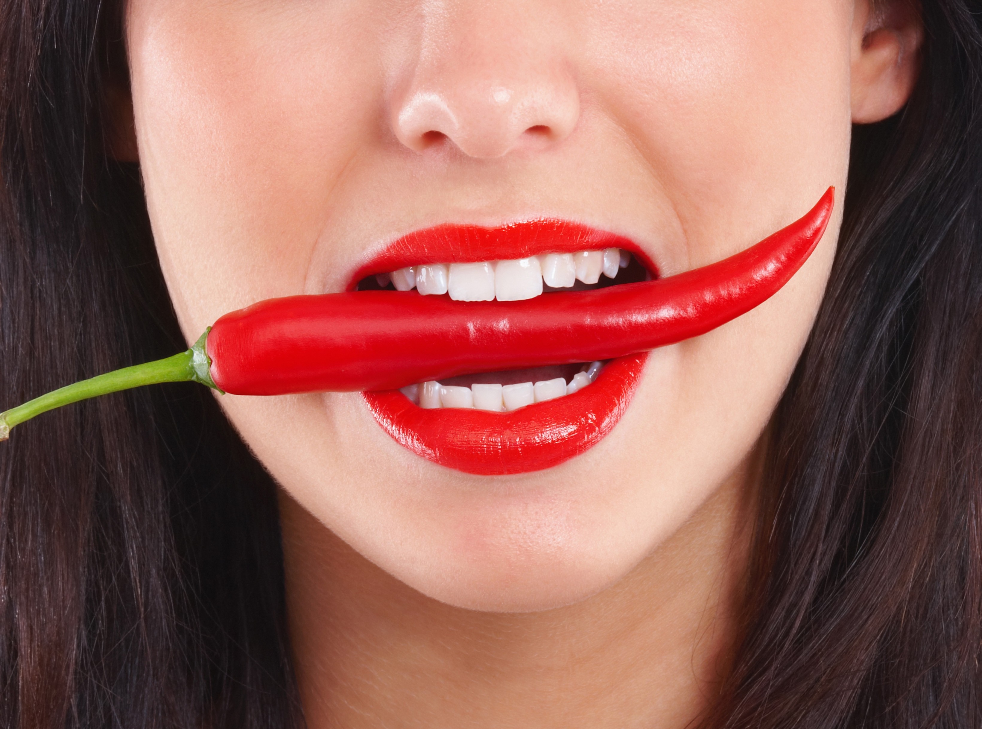 People 3282x2436 chilli peppers juicy lips red lipstick mouth women teeth red open mouth pepper food closeup lipstick