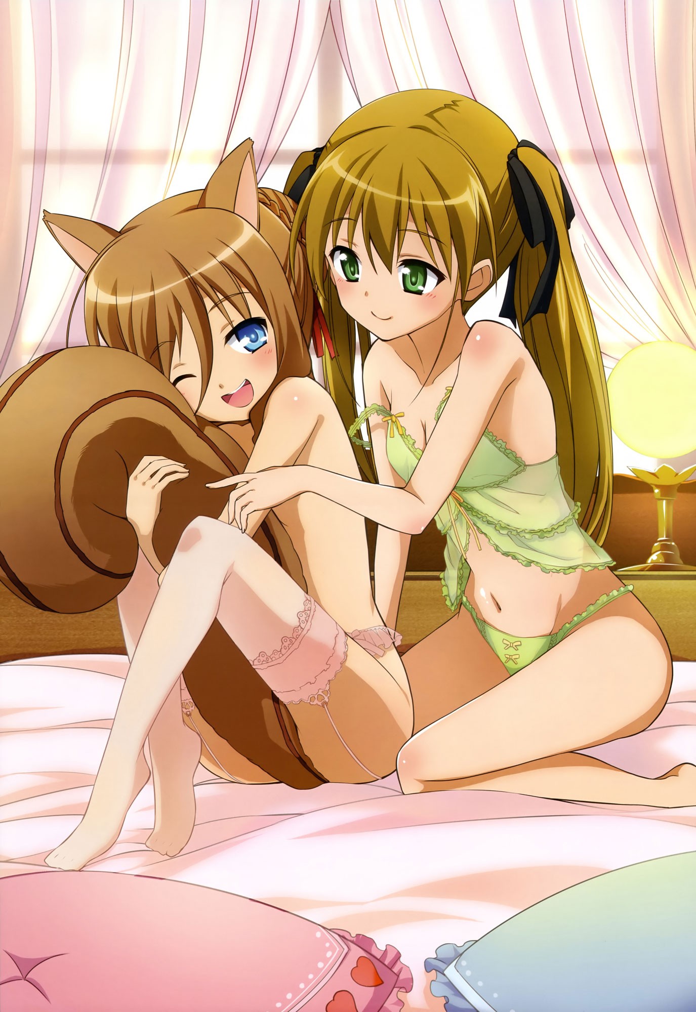 Anime 1375x2000 Dog Days anime anime girls Couvert Eschenbach Pastillage Rebecca Anderson two women green eyes blue eyes underwear panties stockings smiling lingerie