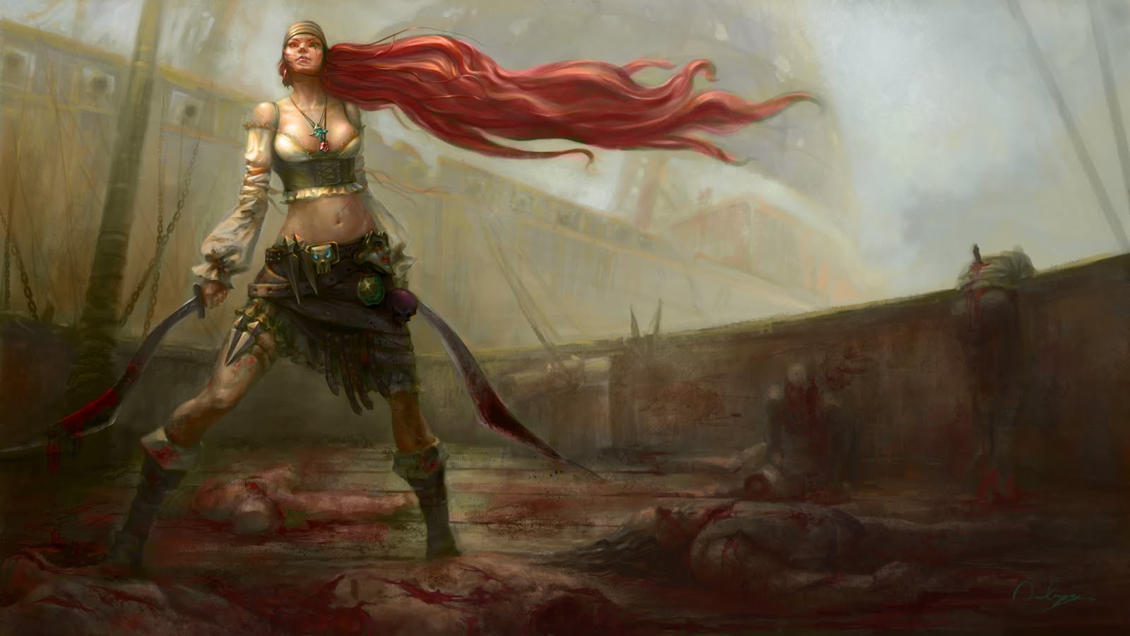 General 1600x900 fantasy girl blood necklace redhead long hair PC gaming belly weapon fantasy art video game warriors Janissa the Widowmaker video game art video game girls boobs standing women with swords sword League of Legends Katarina (League of Legends) digital art