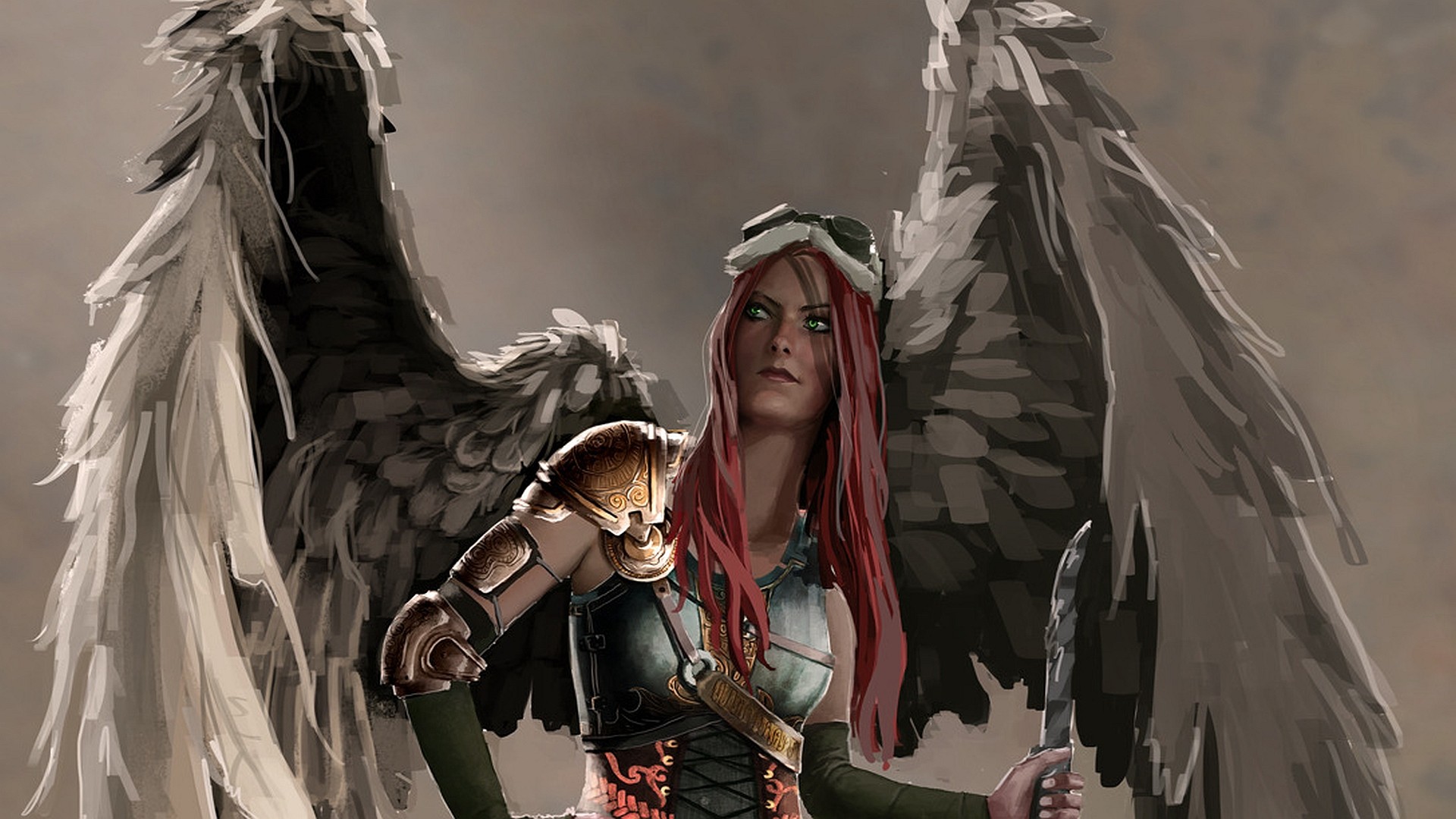 General 1920x1080 steampunk angel wings fantasy girl redhead artwork women long hair green eyes simple background