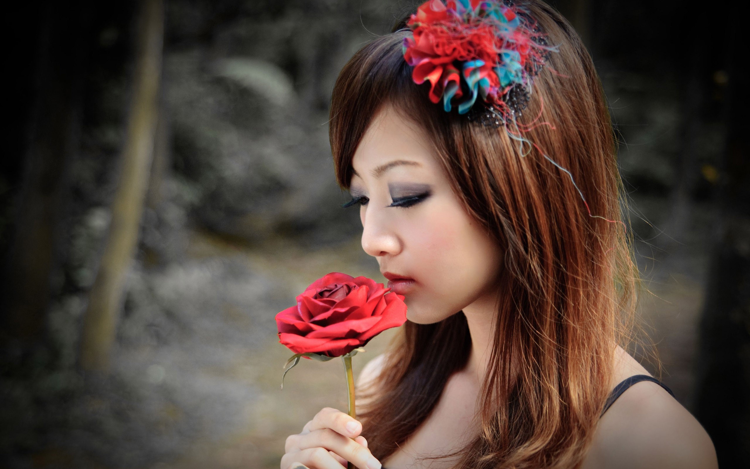 People 2560x1600 Asian women Mikako Zhang Kaijie hair ornament portrait brunette profile rose model flowers plants women outdoors Taiwanese women
