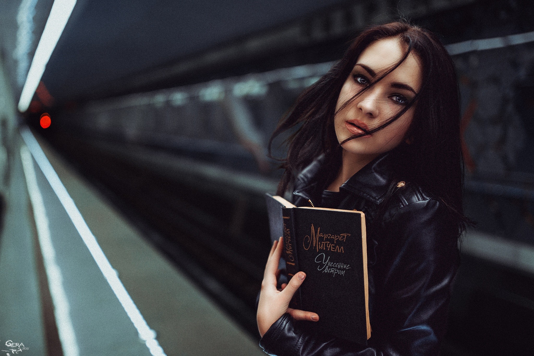 People 2048x1367 women model brunette black hair red lipstick blue eyes looking at viewer Georgy Chernyadyev subway books leather jacket black jackets 2014 (Year) women outdoors urban hair in face 500px makeup