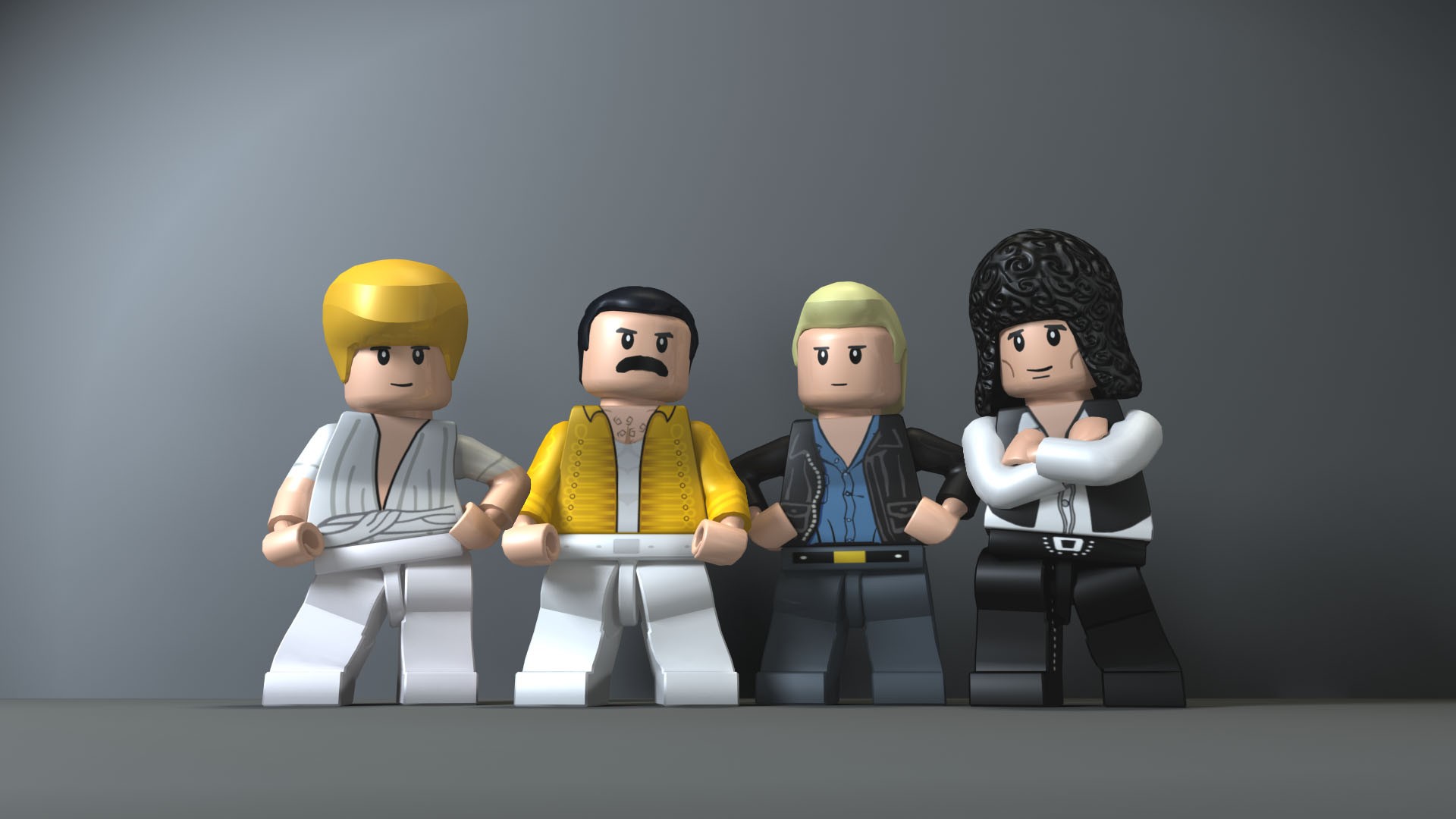 General 1920x1080 gray background digital art LEGO Queen  musician Freddie Mercury Brian May John Deacon figurines legend music CGI render