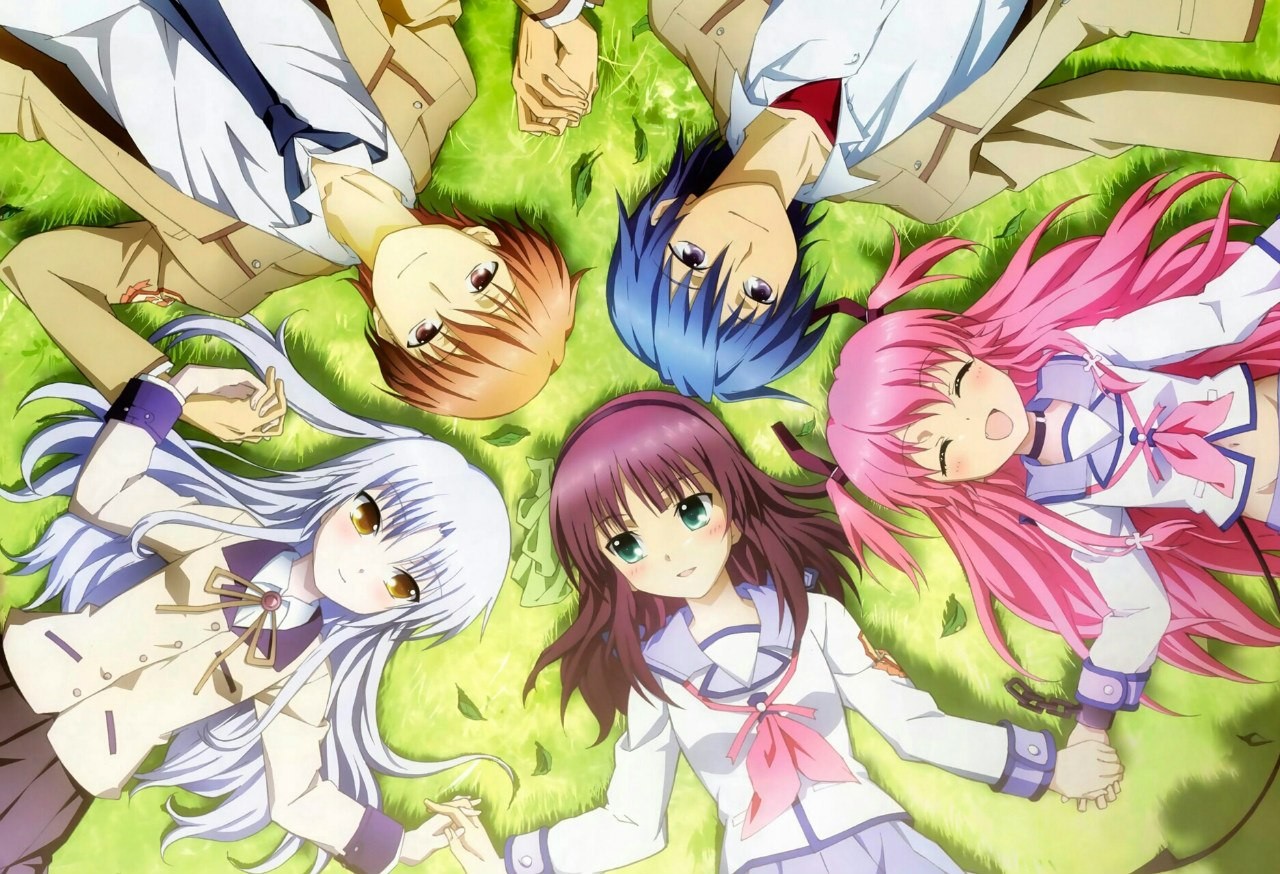 Anime 1280x874 anime girls anime anime boys pink hair blue hair green eyes open mouth grass Angel Beats! group of women lying on back outdoors holding hands top view
