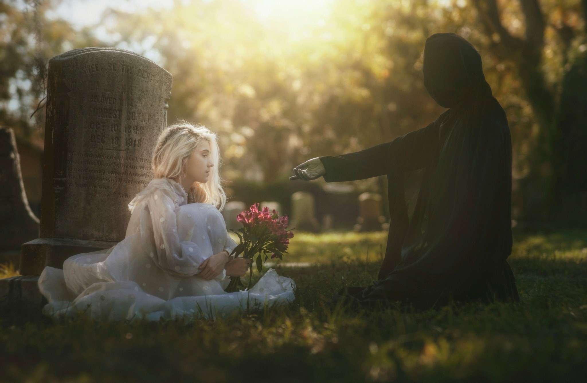 People 2048x1338 death Grim Reaper tombstones graveyards women model flowers white dress women outdoors blonde