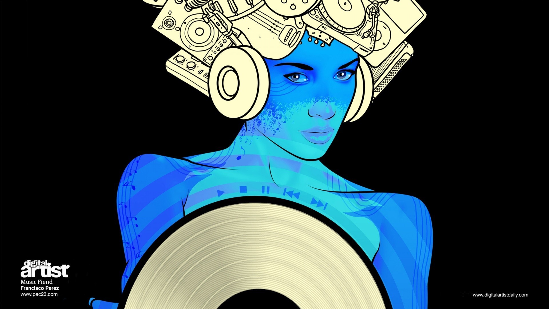 General 1920x1080 women digital art blue skin music simple background black background audio-technica