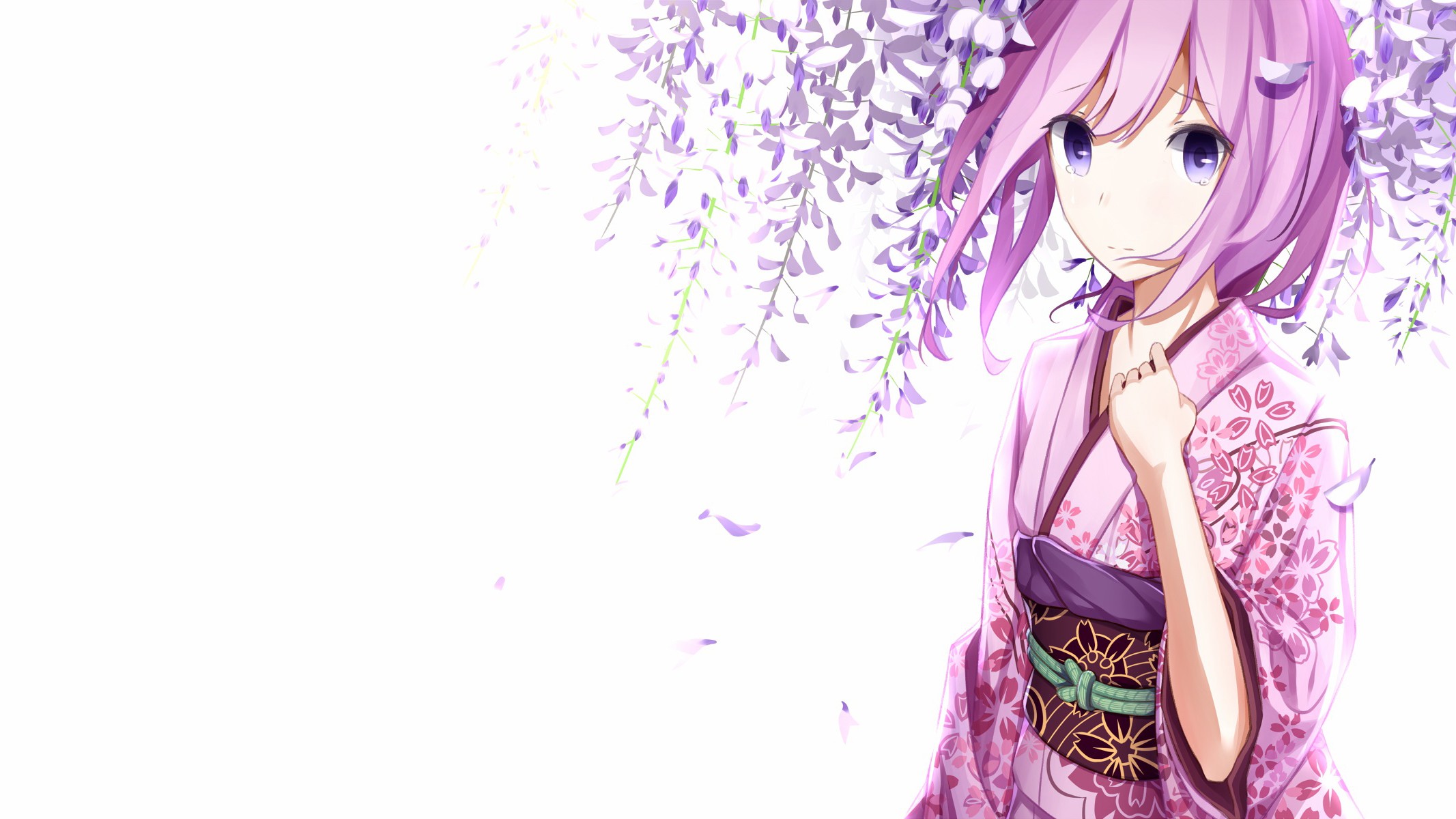 Anime 2133x1200 traditional clothing Vocaloid Megurine Luka anime anime girls simple background white background pink hair purple eyes Japanese clothes looking at viewer