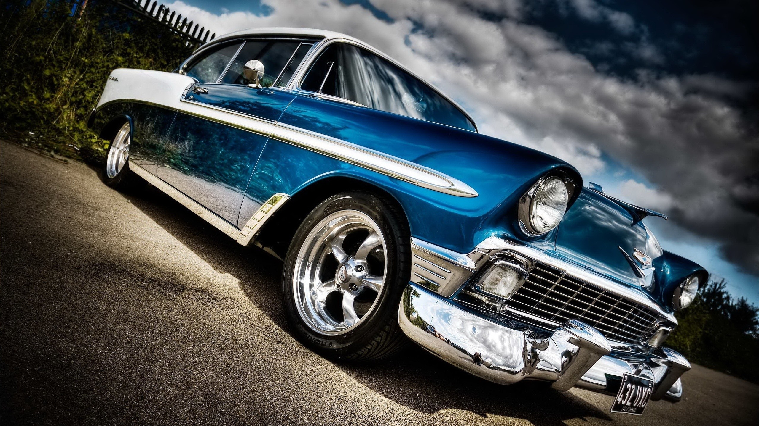 General 2560x1440 classic car car vehicle Chevrolet Bel Air low-angle Chevrolet blue cars numbers American cars