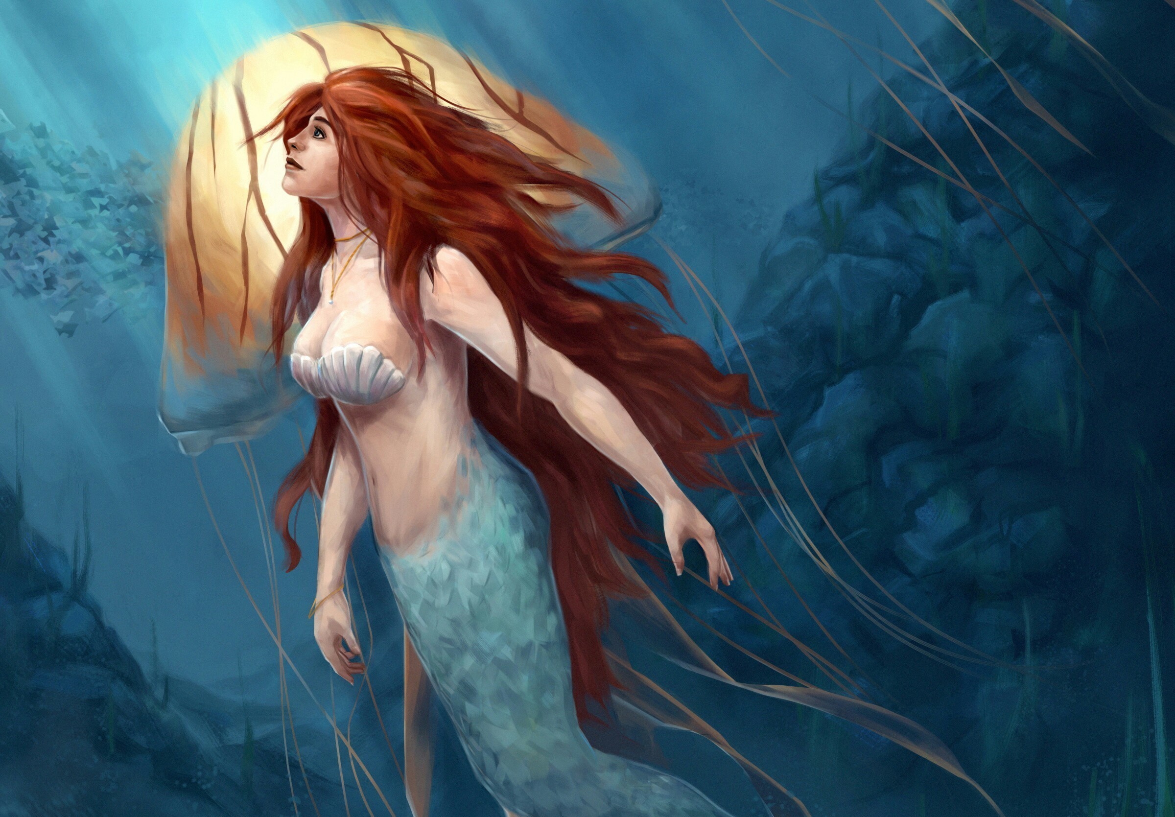 General 2400x1669 underwater mermaids fantasy girl fantasy art redhead long hair digital art