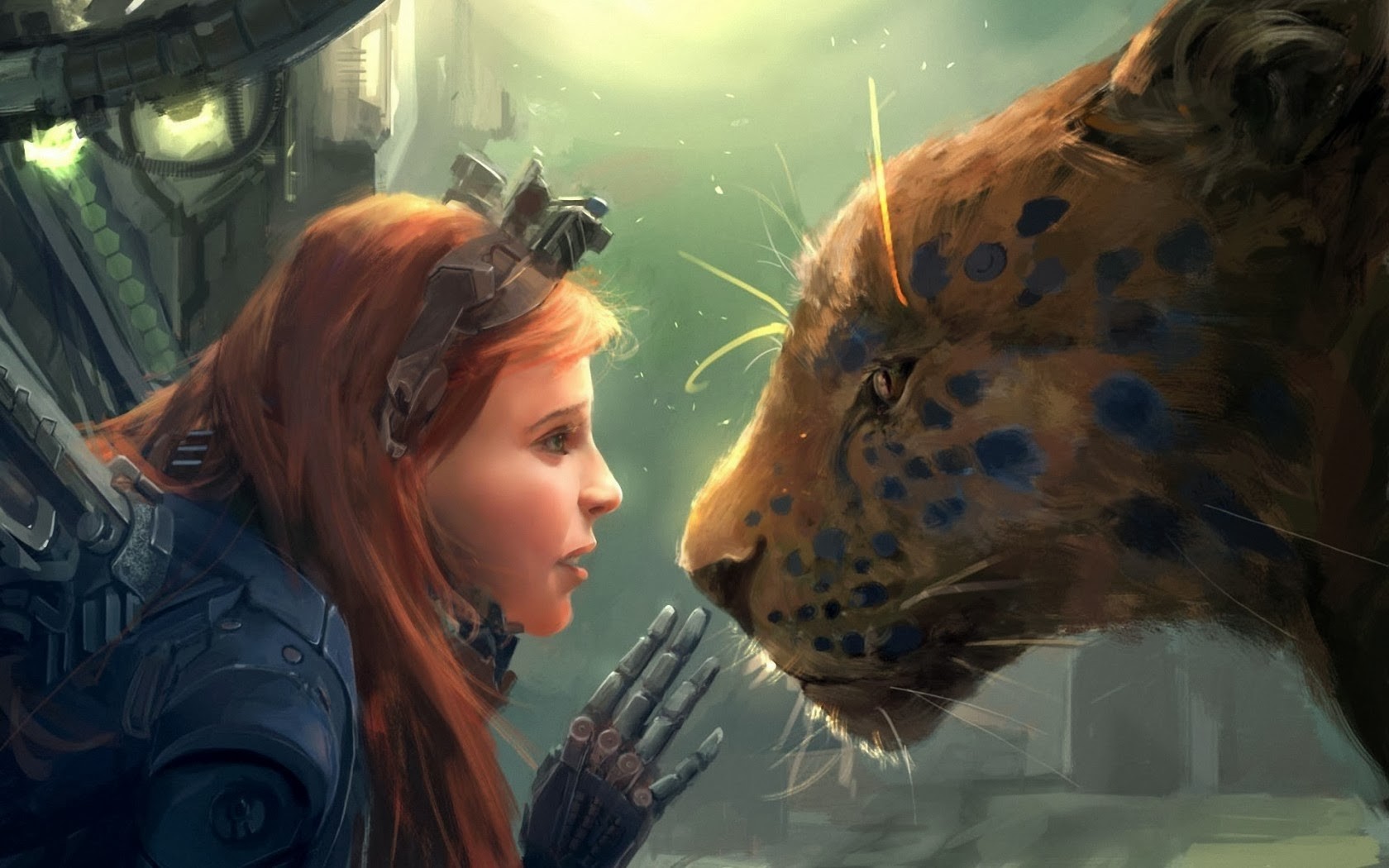 General 1680x1050 redhead leopard artwork women futuristic robot animals mammals science fiction science fiction women cyborg big cats face profile