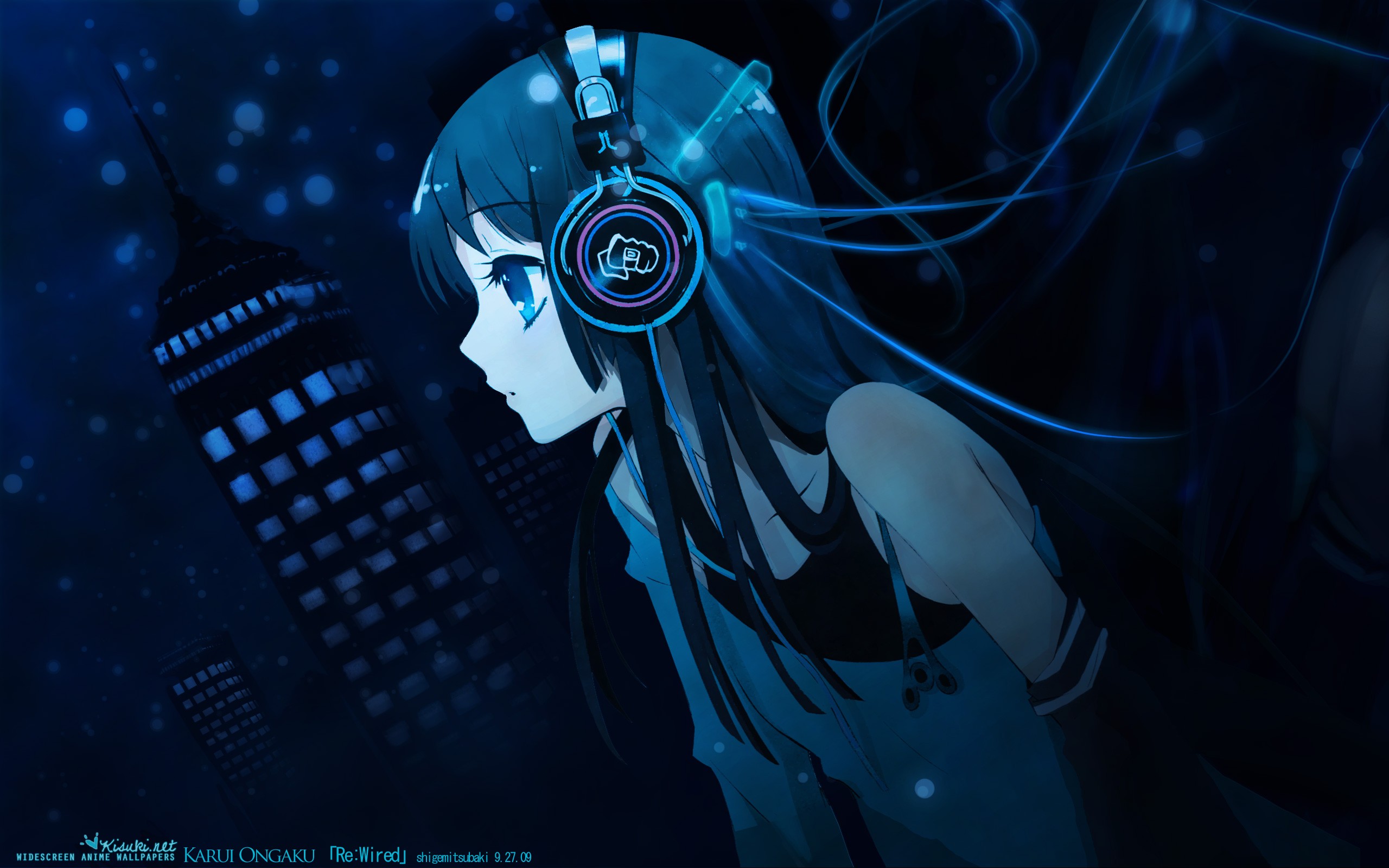 Anime 2560x1600 headphones anime girls anime blue blue eyes 2009 (Year) women face profile dark K-ON! Akiyama Mio Karui Ongaku