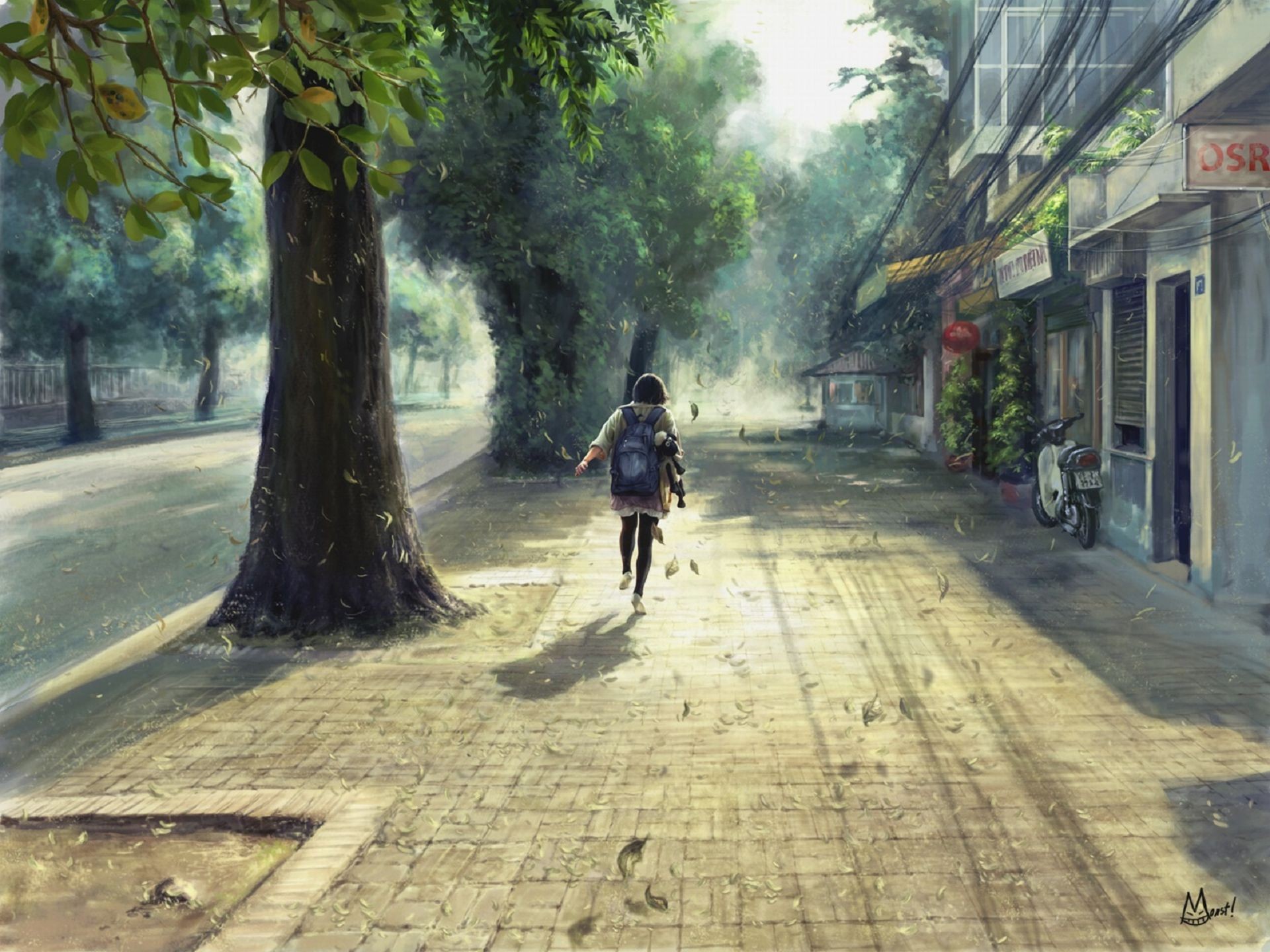 General 1920x1440 artwork fall trees schoolgirl pavements anime girls urban street anime scooters