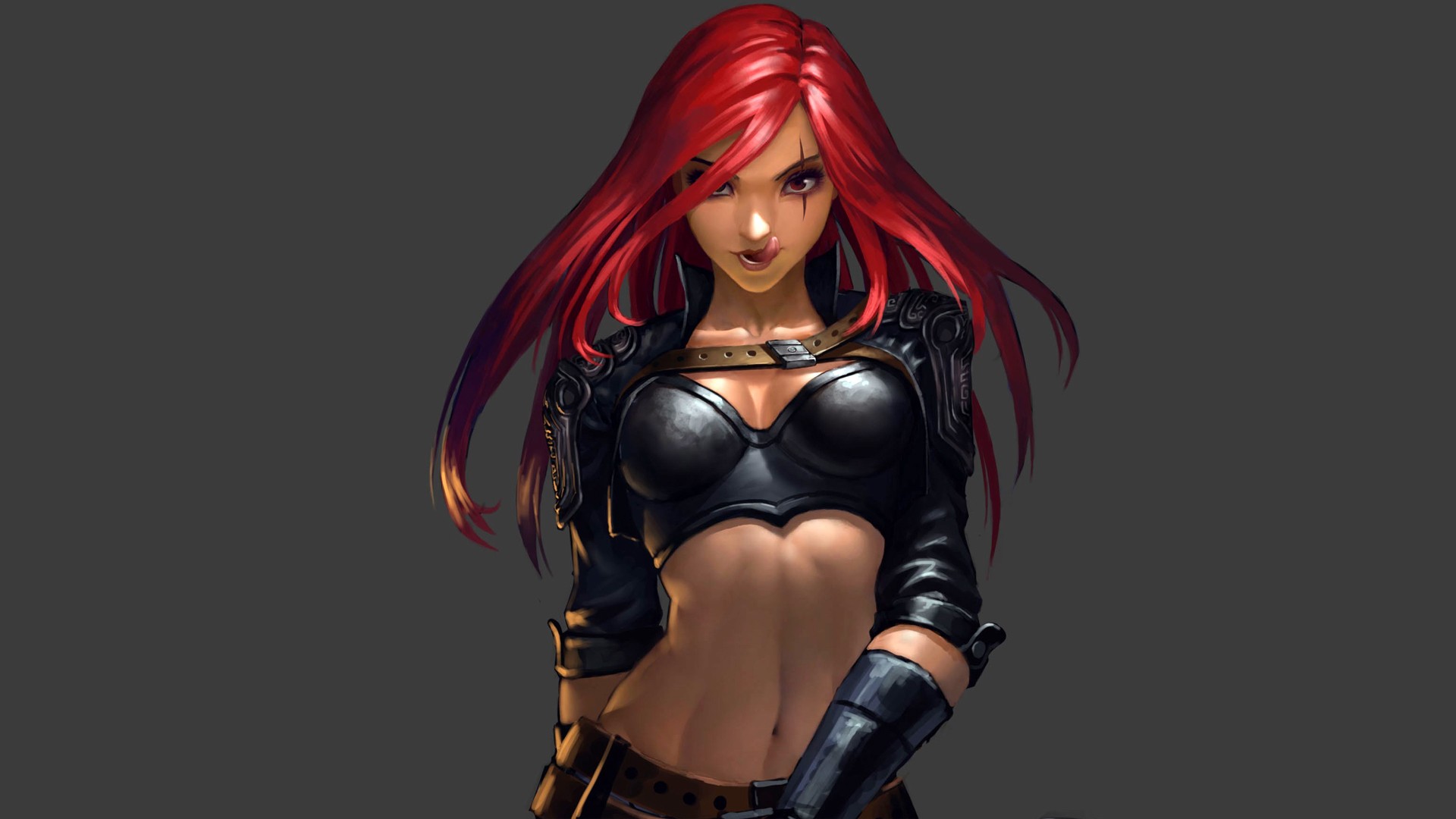 Anime 1920x1080 League of Legends Noxus redhead anime anime girls open mouth long hair red eyes looking at viewer Katarina (League of Legends) belly tongues tongue out gray background standing PC gaming video game girls video game art
