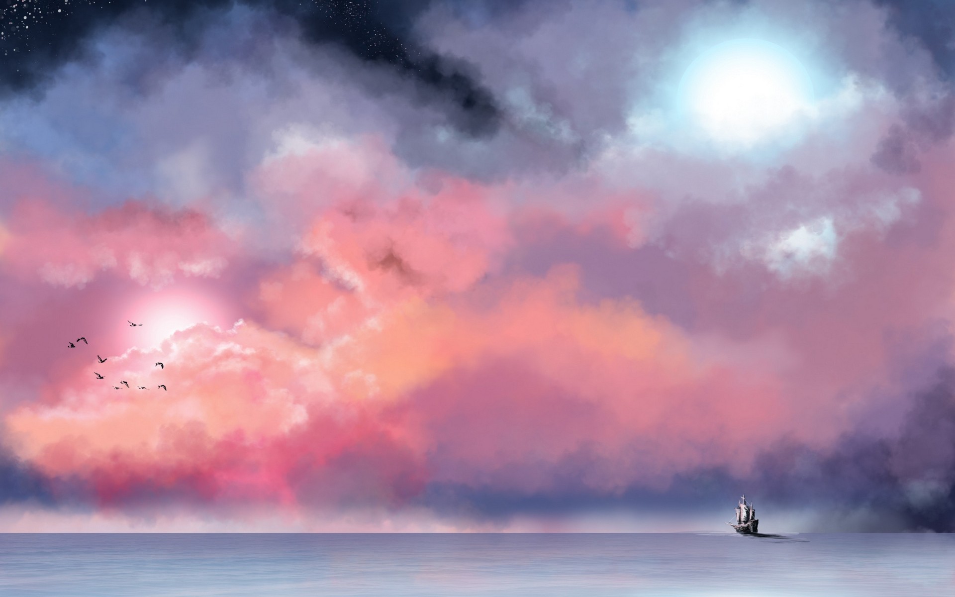 General 1920x1200 fantasy art sky water clouds artwork ship sailing ship vehicle birds animals