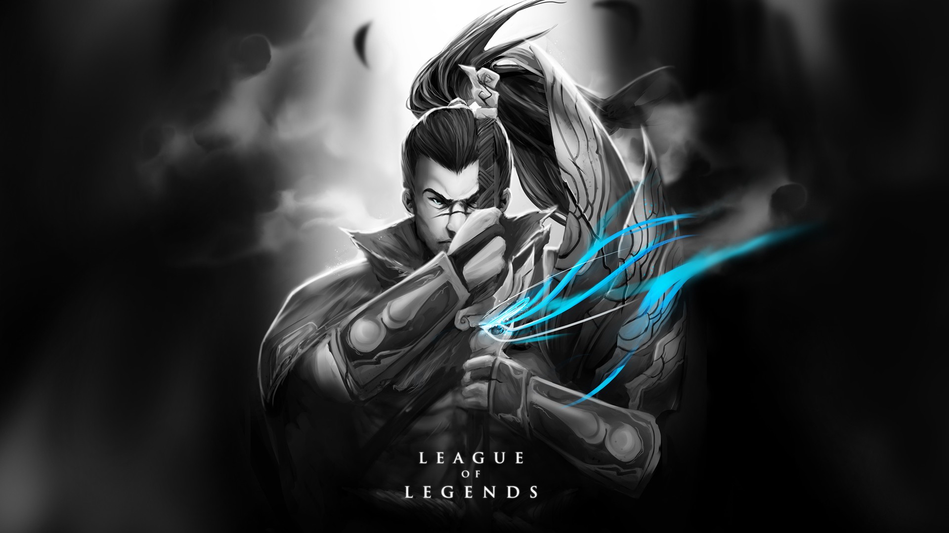 General 1920x1080 League of Legends Yasuo (League of Legends) cyan selective coloring PC gaming video game art video game men