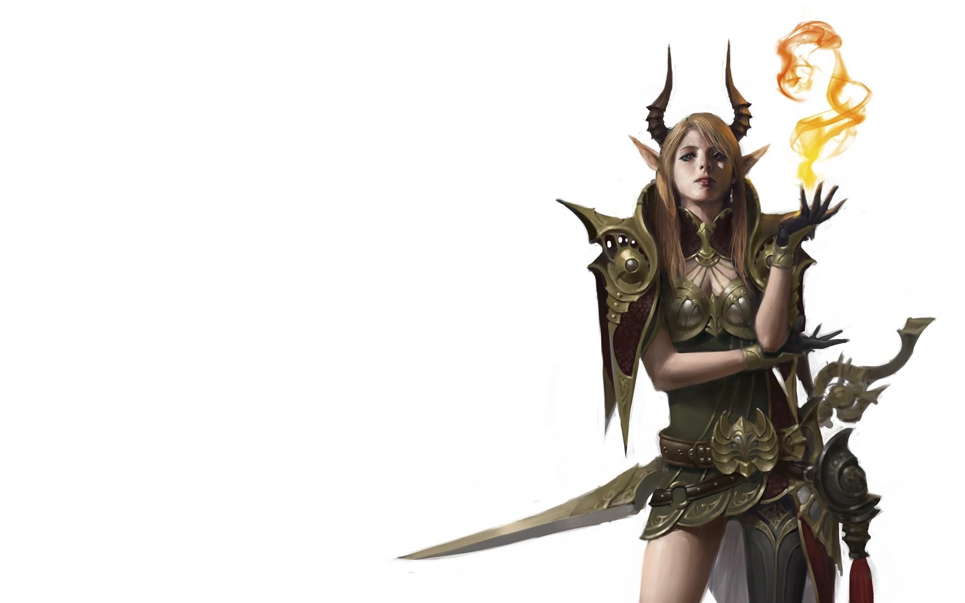 General 1920x1200 elves horns armor sword figure-hugging armor frontal view cleavage fantasy girl pointy ears simple background white background fantasy armor standing women