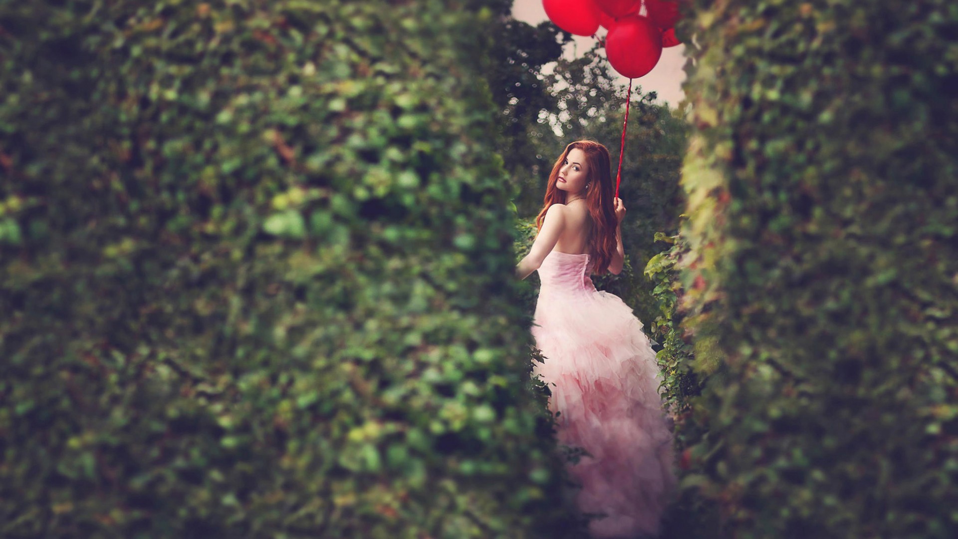 People 1920x1080 women redhead hedges looking back balloon pink dress women outdoors dress model dyed hair