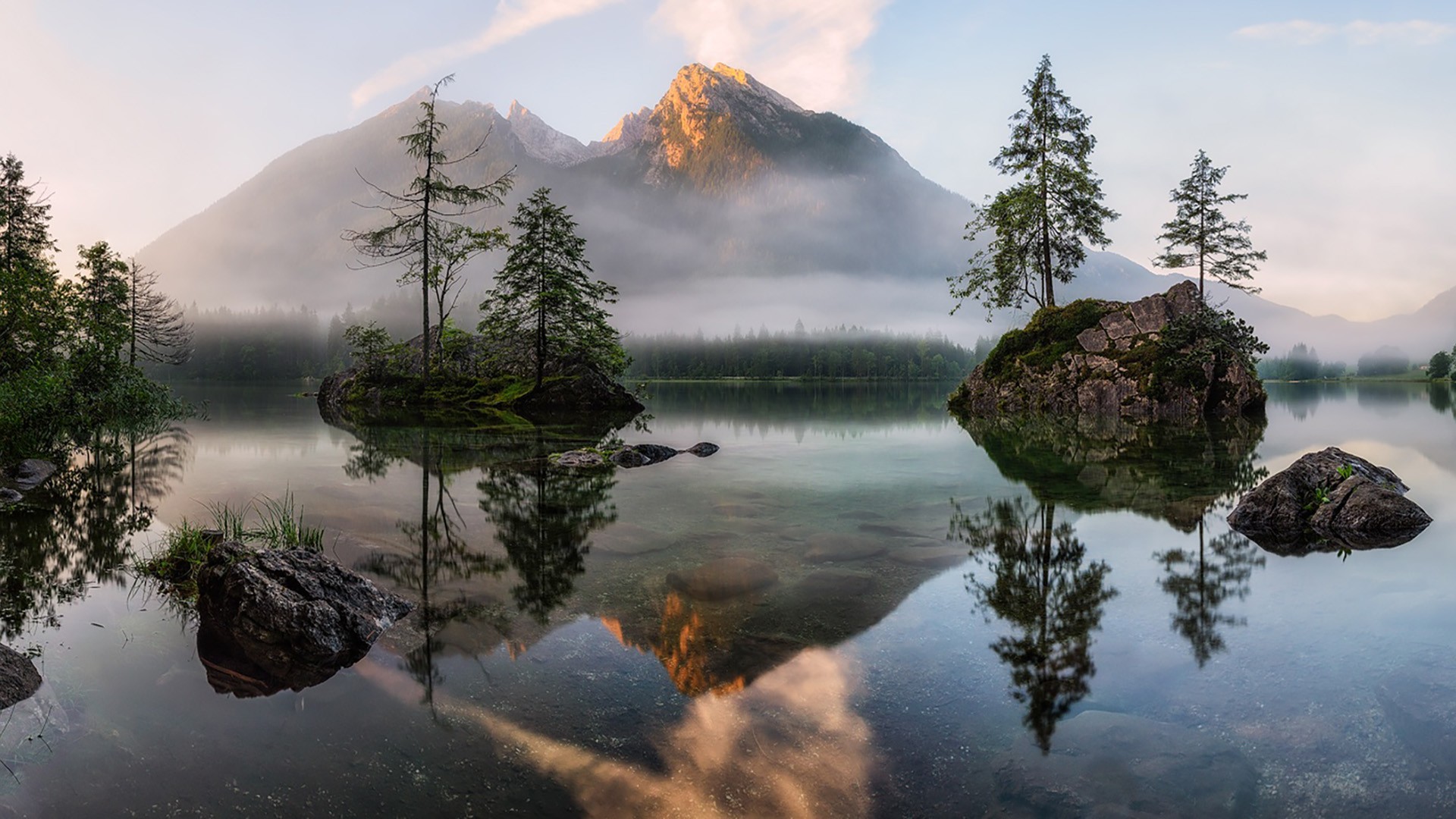 General 1920x1080 mountains lake landscape morning mist calm nature reflection calm waters