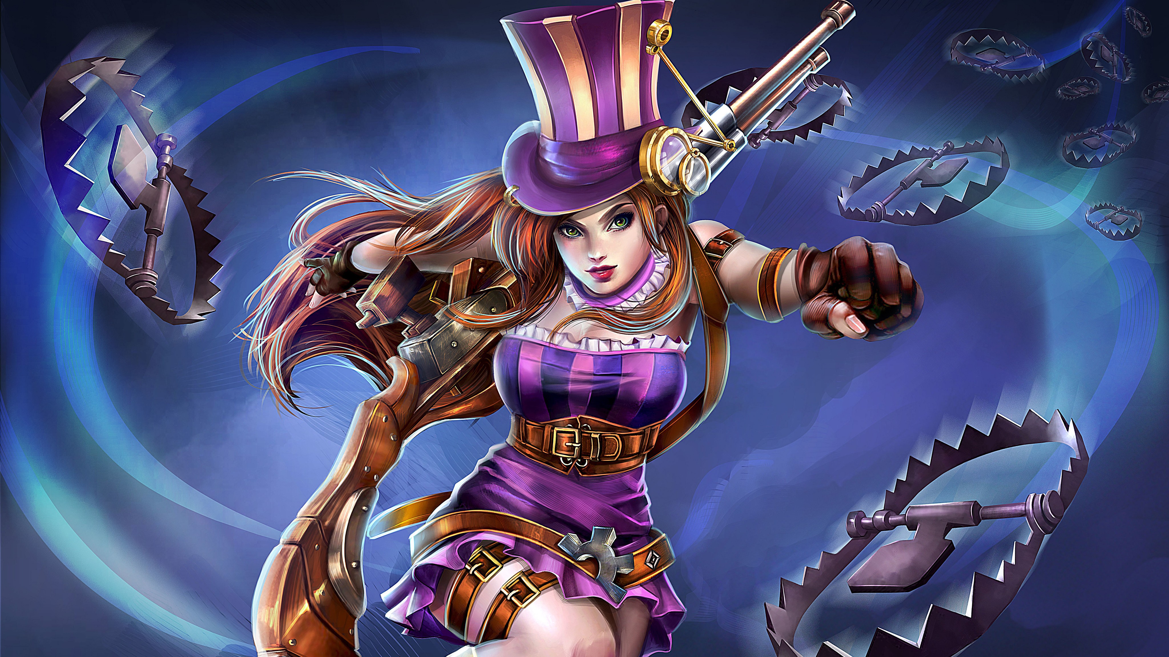 General 4096x2304 League of Legends video games Caitlyn (League of Legends) PC gaming video game art video game girls rifles weapon girls with guns hat women with hats purple dress green eyes redhead long hair red lipstick looking at viewer fist top hat