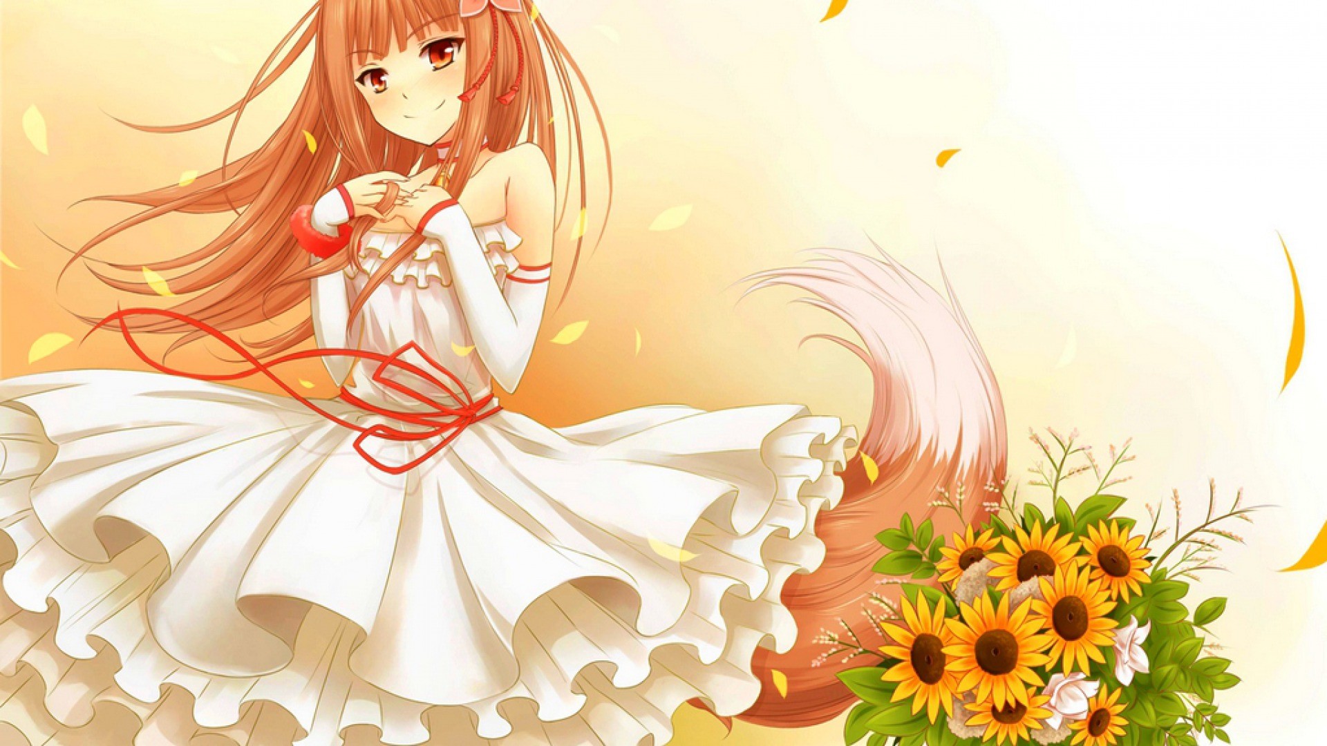 Anime 1920x1080 Holo (Spice and Wolf) Spice and Wolf anime girls sunflowers flowers plants anime long hair dress white dress white clothing simple background gradient red eyes smiling