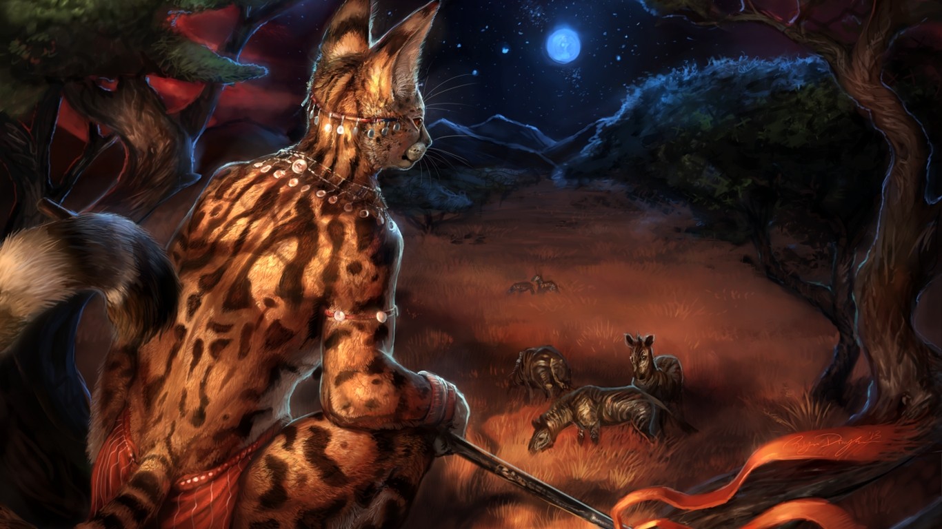 Anime 1366x768 furry Anthro hunting wildlife cats night hunter