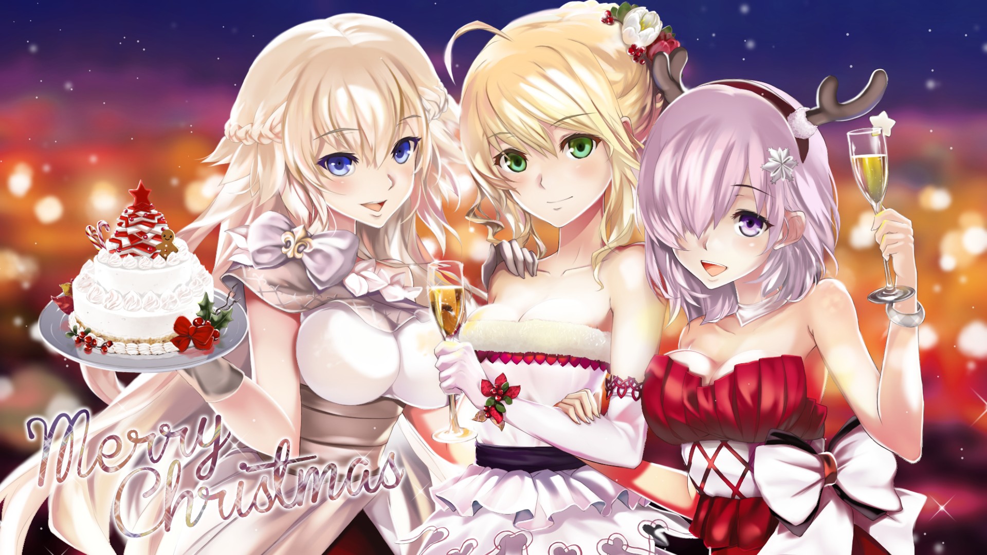Anime 1920x1080 Christmas anime girls Fate/Grand Order Saber Fate series Mash Kyrielight Artoria Pendragon Jeanne d'Arc (Fate) dress cake boobs big boobs food sweets blue eyes green eyes hair in face curvy women trio anime holiday looking at viewer blonde purple hair