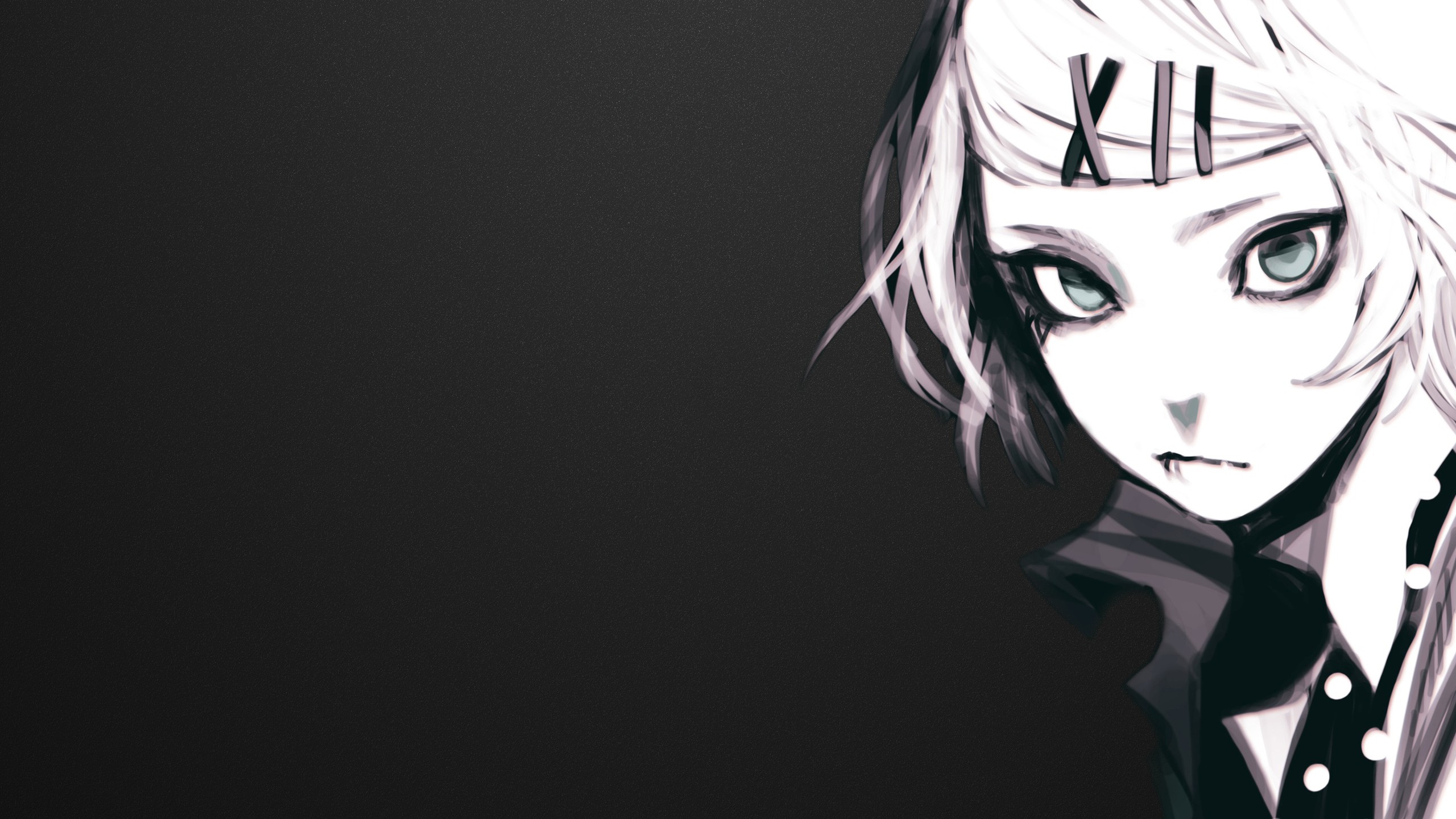 Anime 2560x1440 monochrome anime Tokyo Ghoul white hair tie anime girls simple background looking at viewer face