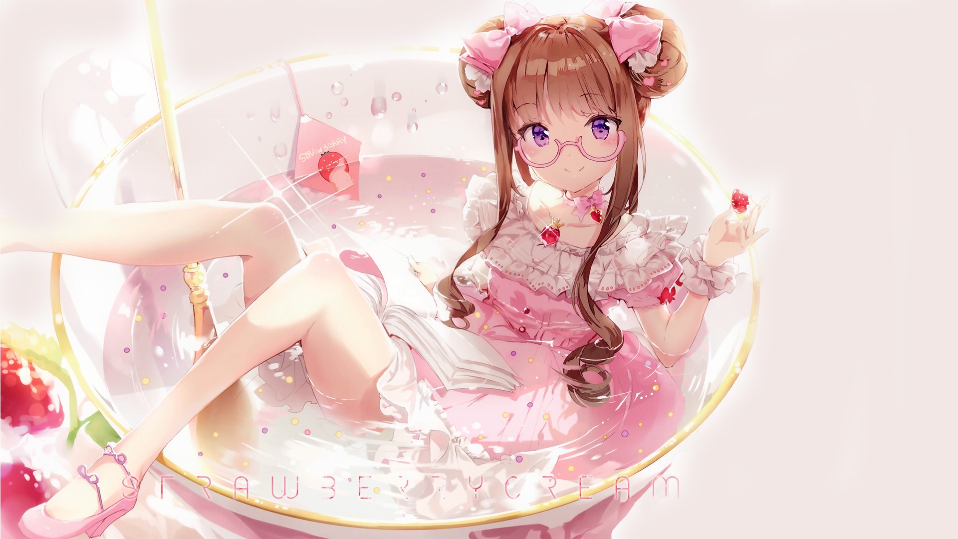 Anime 1920x1080 anime anime girls glasses dress pink dress brunette heels pink heels purple eyes looking at viewer original characters women with glasses pink clothing white background simple background