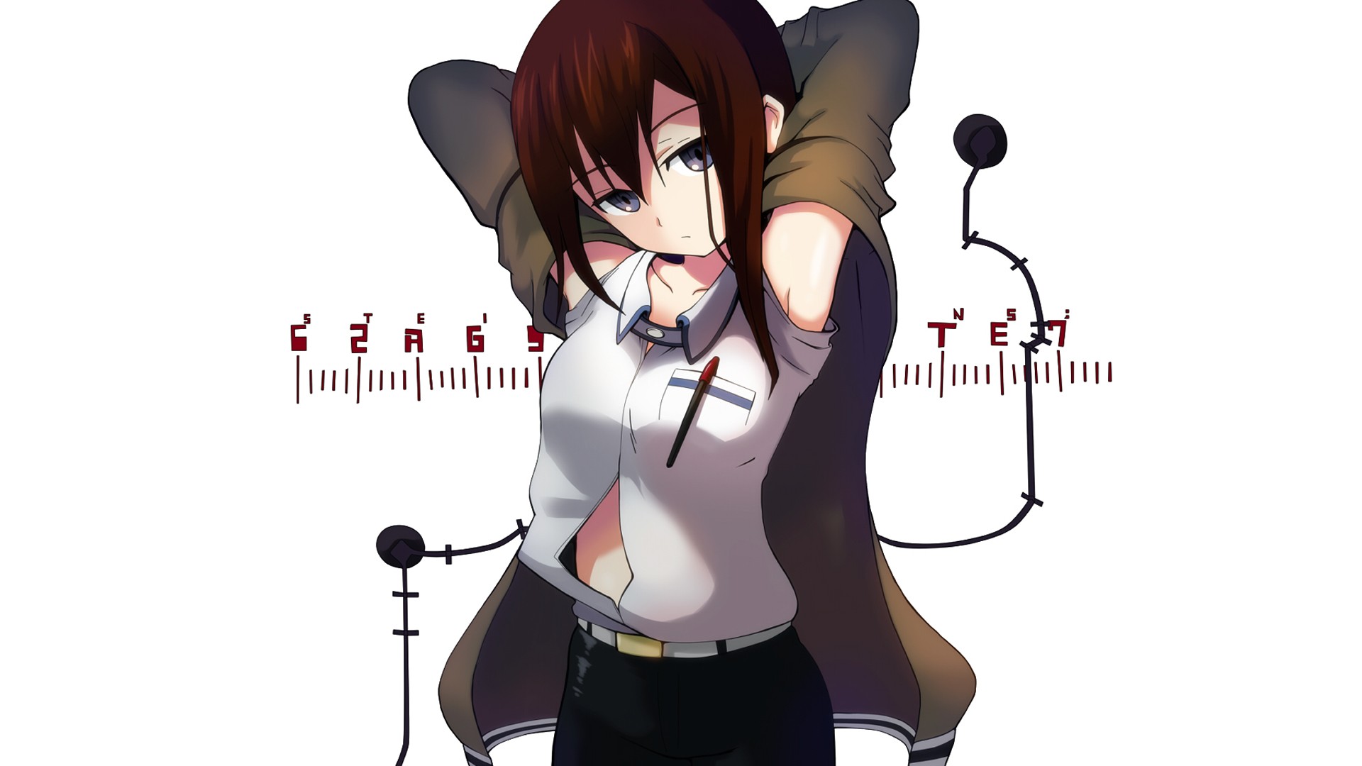 Anime 1920x1080 Steins;Gate Makise Kurisu anime girls arms up redhead looking at viewer standing white background simple background