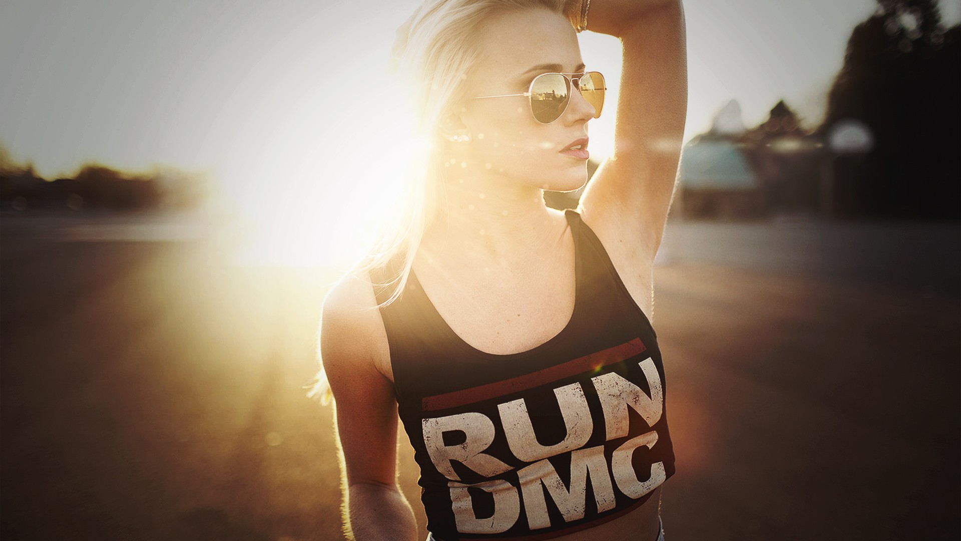 People 1920x1080 women blonde sun rays sunglasses women with glasses hands on head women outdoors sunlight women with shades arms up Run DMC