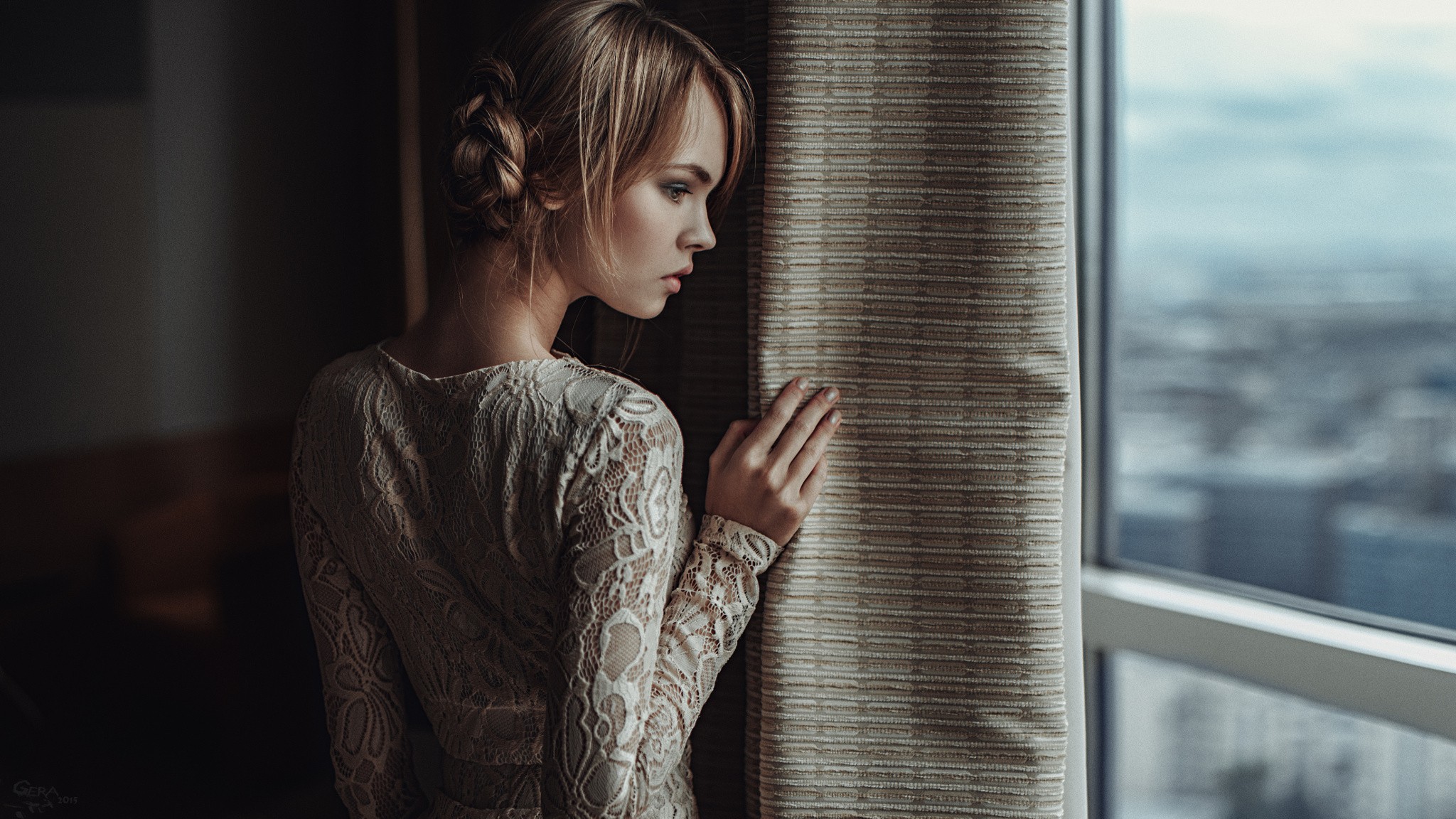 People 2048x1152 Georgy Chernyadyev Anastasia Scheglova women blonde dress white dress women indoors indoors looking out window model face profile 2015 (Year)