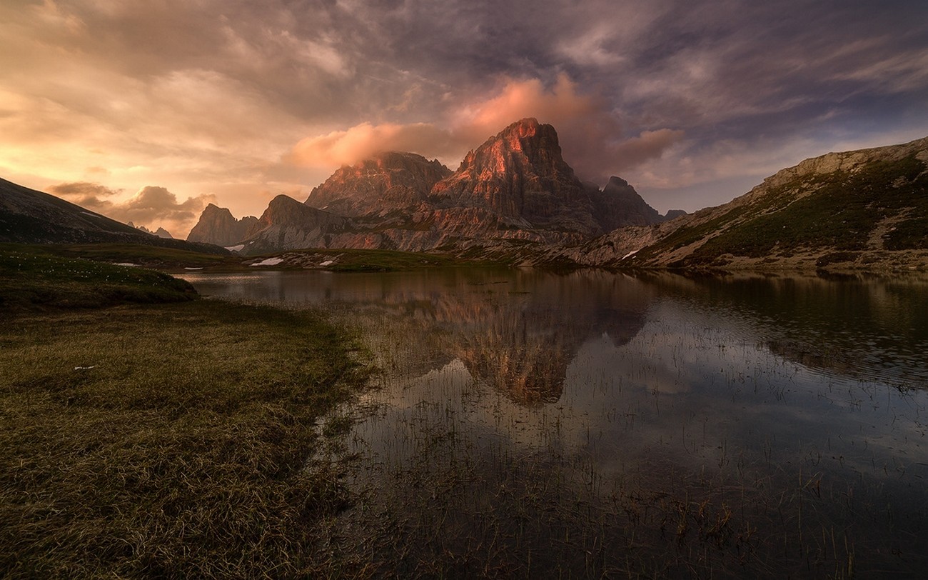 General 1300x812 sunset summer Dolomites lake nature landscape Italy water reflection sky clouds grass Alps