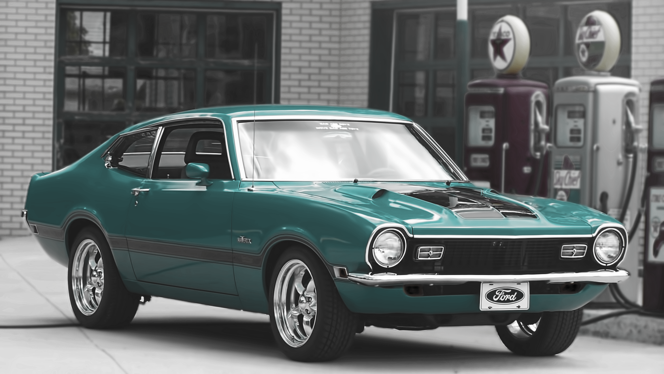 General 2304x1296 vehicle Ford Ford Maverick gas station muscle cars car Cyan Cars American cars