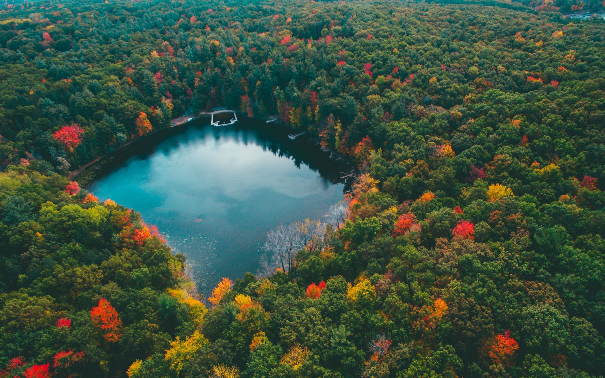 General 2100x1315 landscape nature forest lake colorful fall trees water blue red yellow green aerial view
