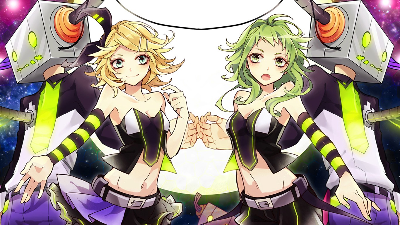 Anime 1366x768 anime Vocaloid Kagamine Rin Megpoid Gumi two women blonde open mouth green hair belly anime girls