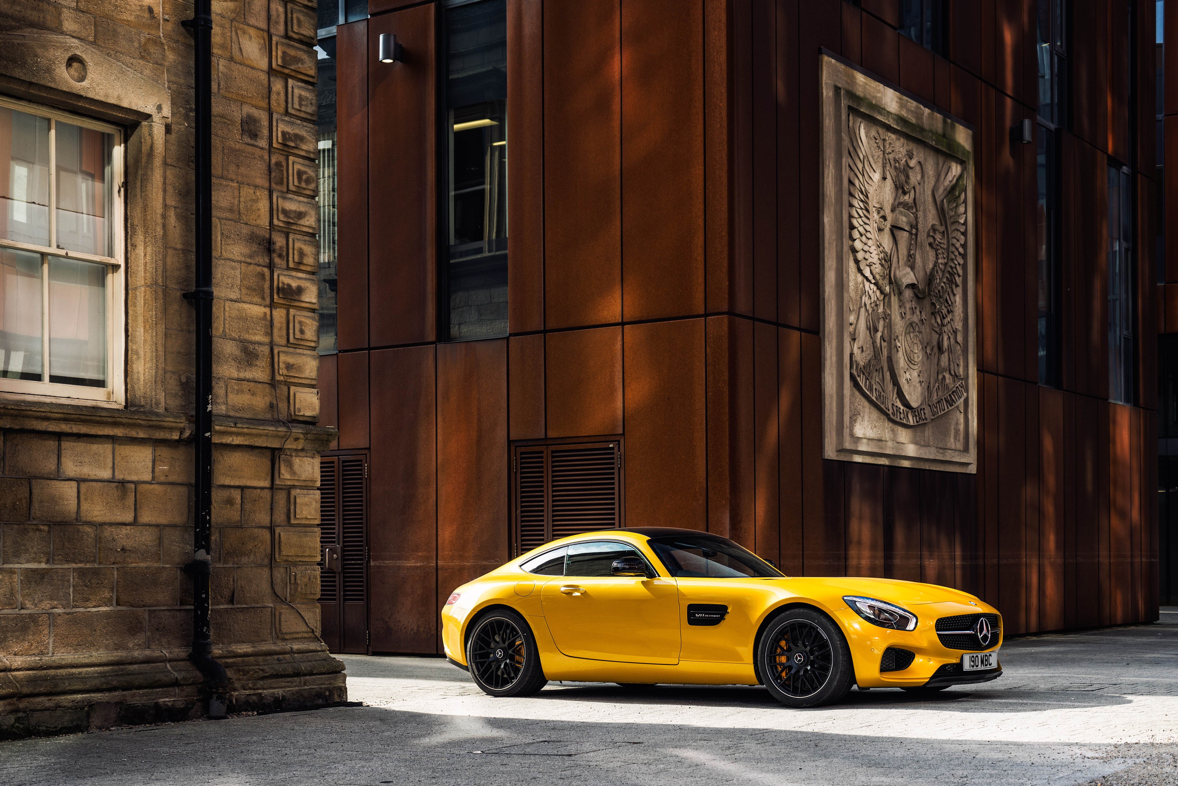 General 4096x2734 car Mercedes-AMG GT vehicle yellow cars yellow brown sunlight Mercedes-Benz building old building German cars coupe