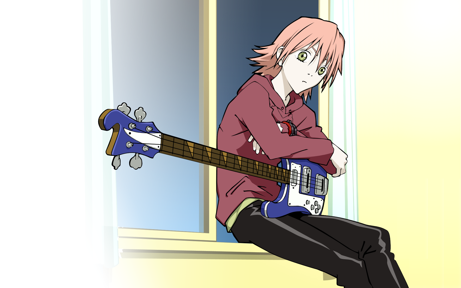 Anime 1920x1200 FLCL Haruhara Haruko anime girls anime guitar sitting pink hair green eyes musical instrument