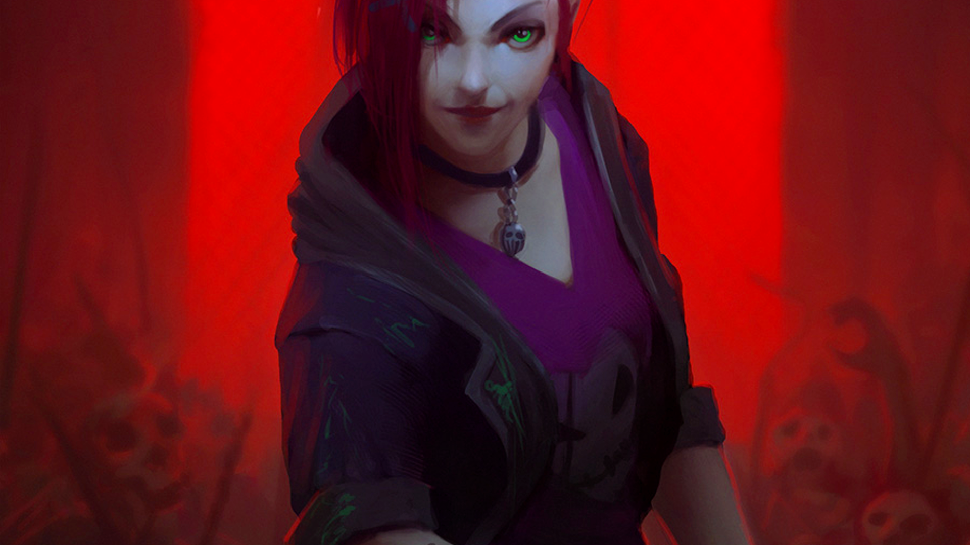 Anime 1920x1080 League of Legends Jinx (League of Legends) redhead skull science fiction short hair green eyes red video game characters red background DeviantArt necklace video game girls looking at viewer