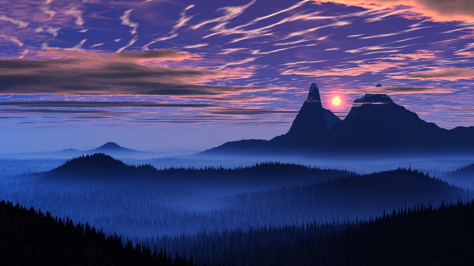 General 1920x1080 landscape nature blue mist sunset forest mountains sky clouds valley