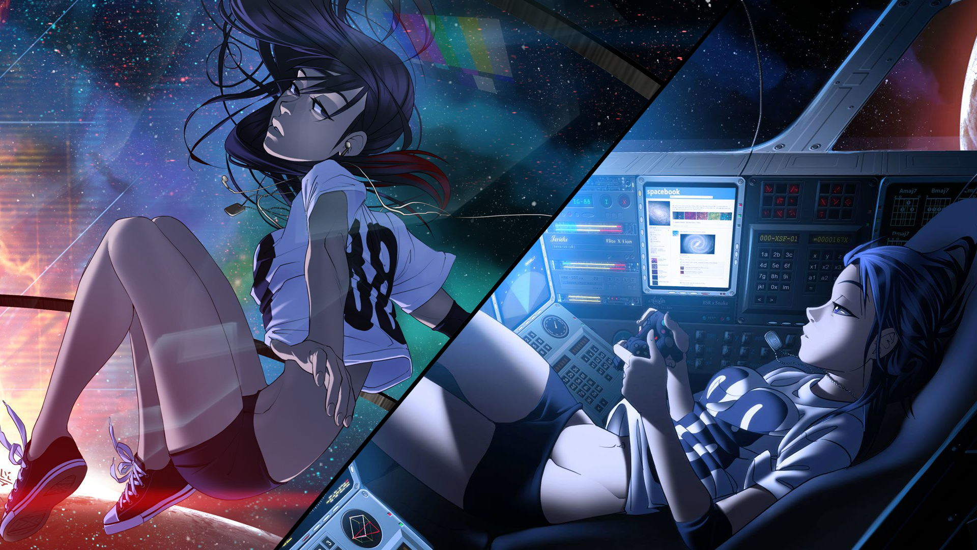 Anime 1920x1080 cyberpunk futuristic vashperado space anime girls legs dark hair controllers collage belly two women women anime