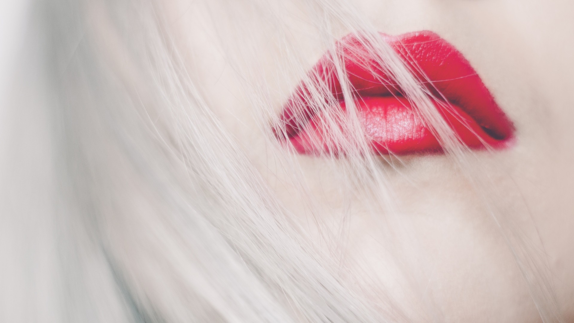 People 1920x1080 women model blonde long hair face red lipstick hair in face closeup gloss pale lips makeup