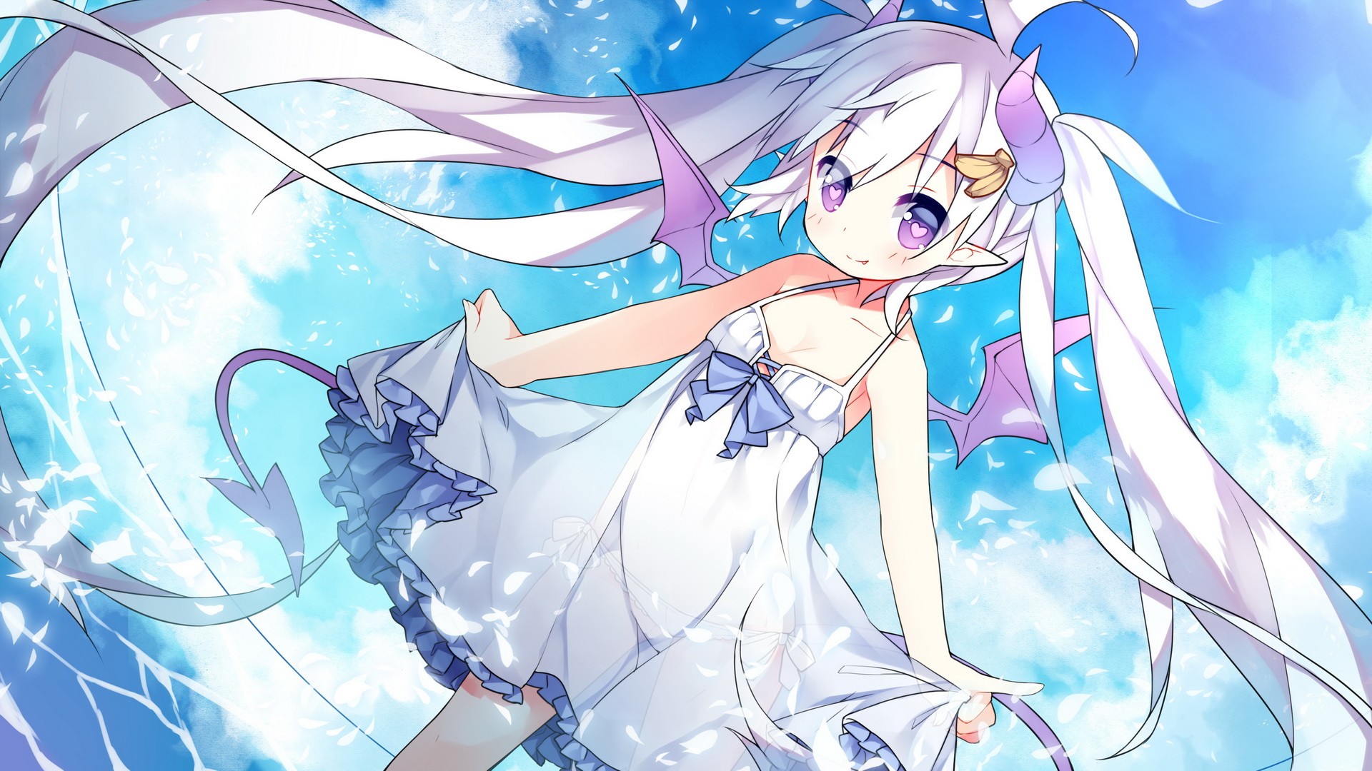 Anime 1920x1080 anime anime girls sky original characters white hair twintails tail wings see-through clothing purple eyes horns fantasy art fantasy girl pointy ears long hair Pixiv