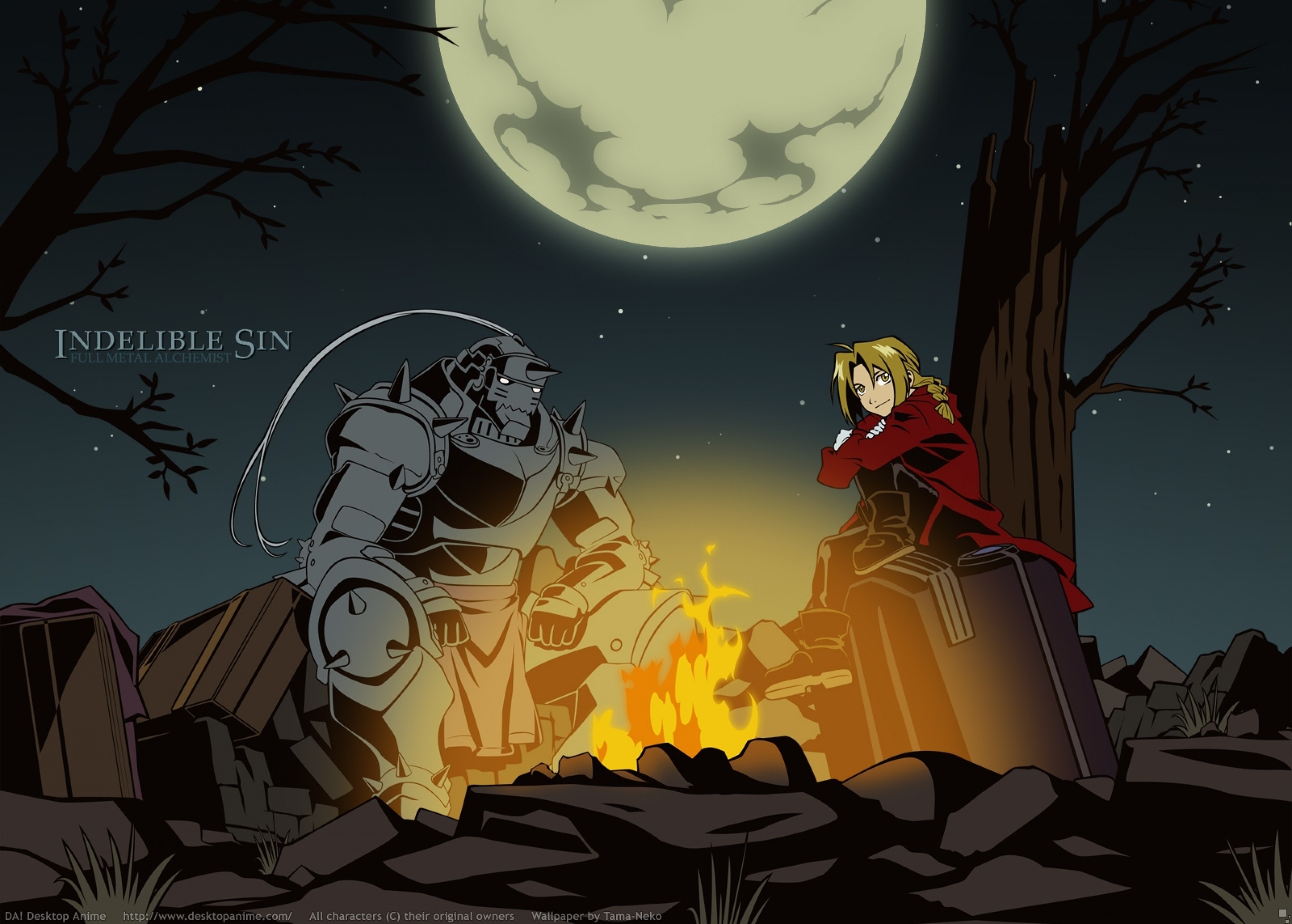 Anime 2880x2060 Full Metal Alchemist anime Elric Edward Elric Alphonse Moon campfire