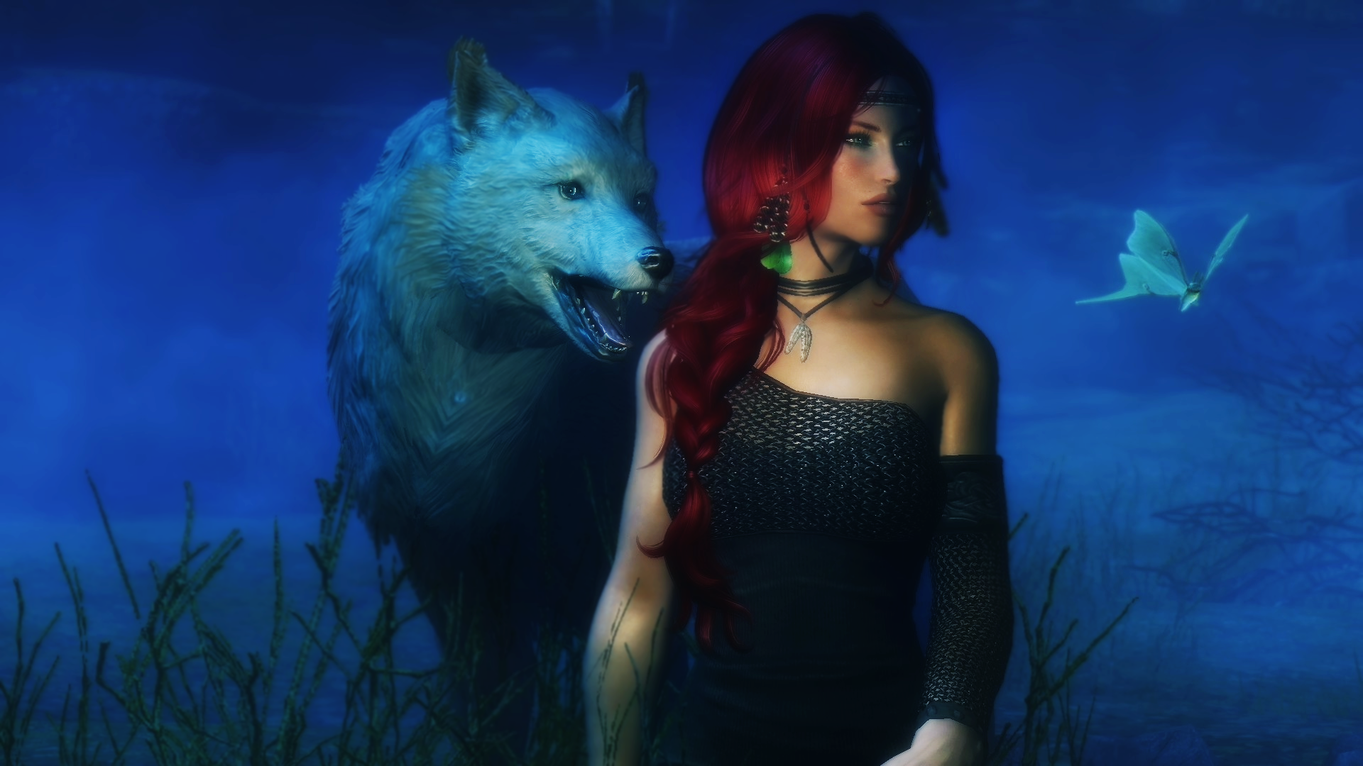 General 1920x1080 women wolf butterfly CGI fantasy art fantasy girl redhead creature necklace looking into the distance