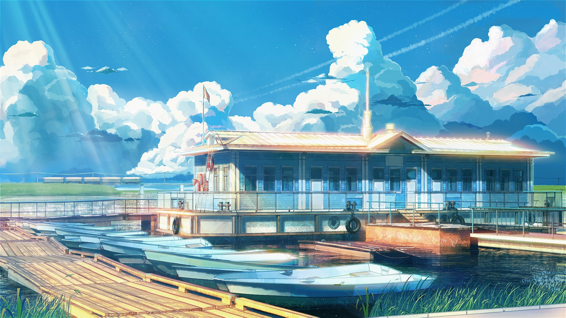 Anime 1920x1080 Everlasting Summer (visual novel) sunlight ArseniXC house pier sky clouds boat vehicle anime